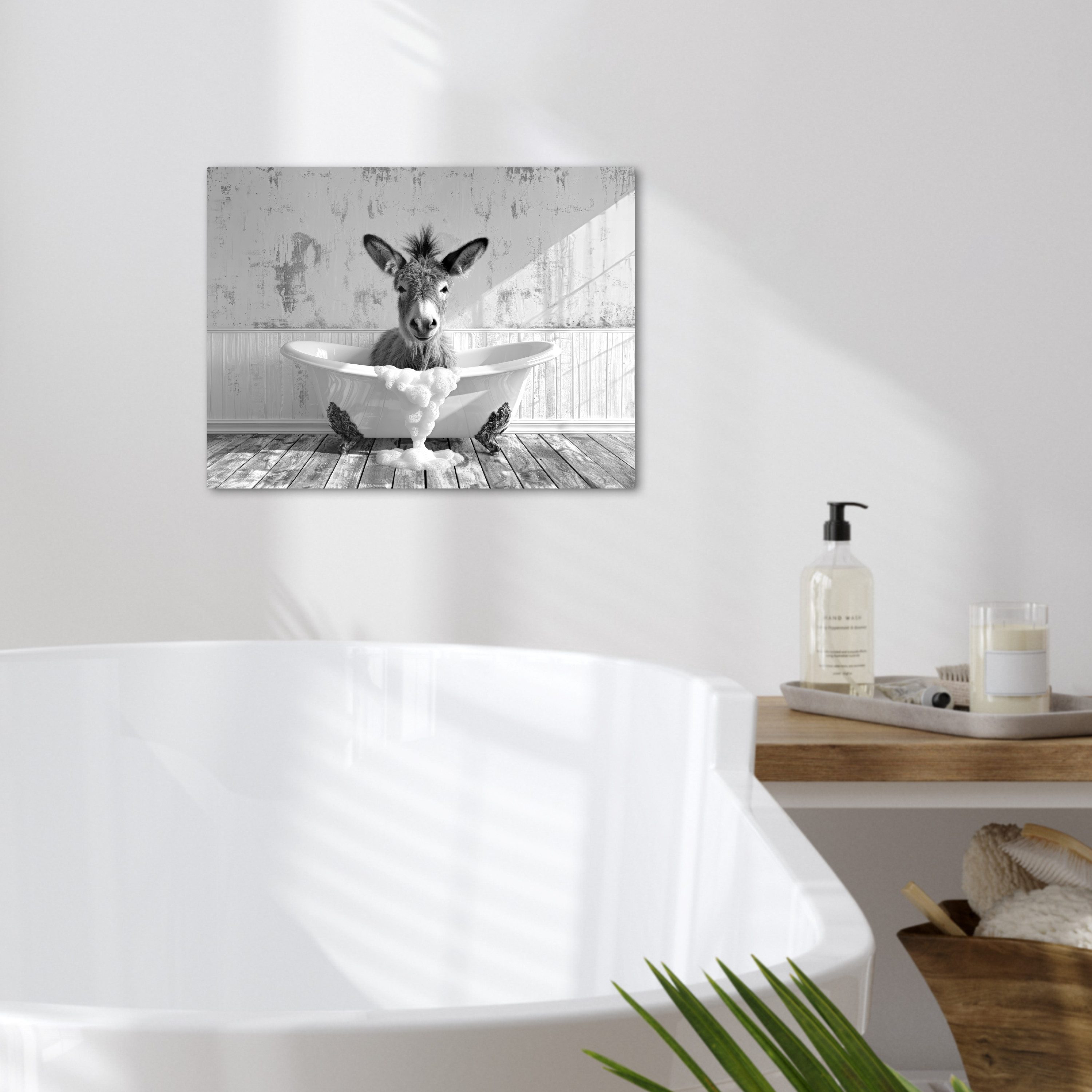 OneMillionCanvasses® Leinwandbild Esel - Tier - Vintage - Badewanne - Schwarz - Weiß, Fotodruck (1 St), Badezimmer Deko, Klo Bilder, WC und Badezimmerdeko 40x30 cm