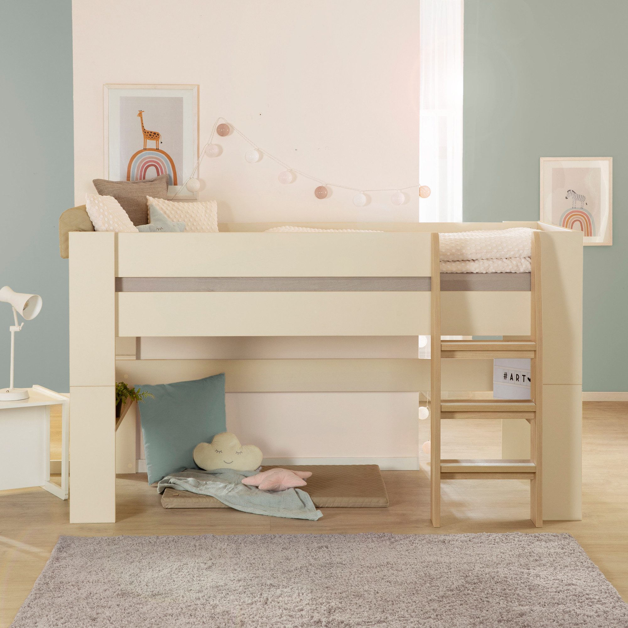 roba® Hochbett Flexi Grow "Loft" - Halbhochbett aus Holz (Kinder- & Jugendbett mit Leiter) in warmem Cashmere / Beige - modernes Scandi Design - Made in Europe