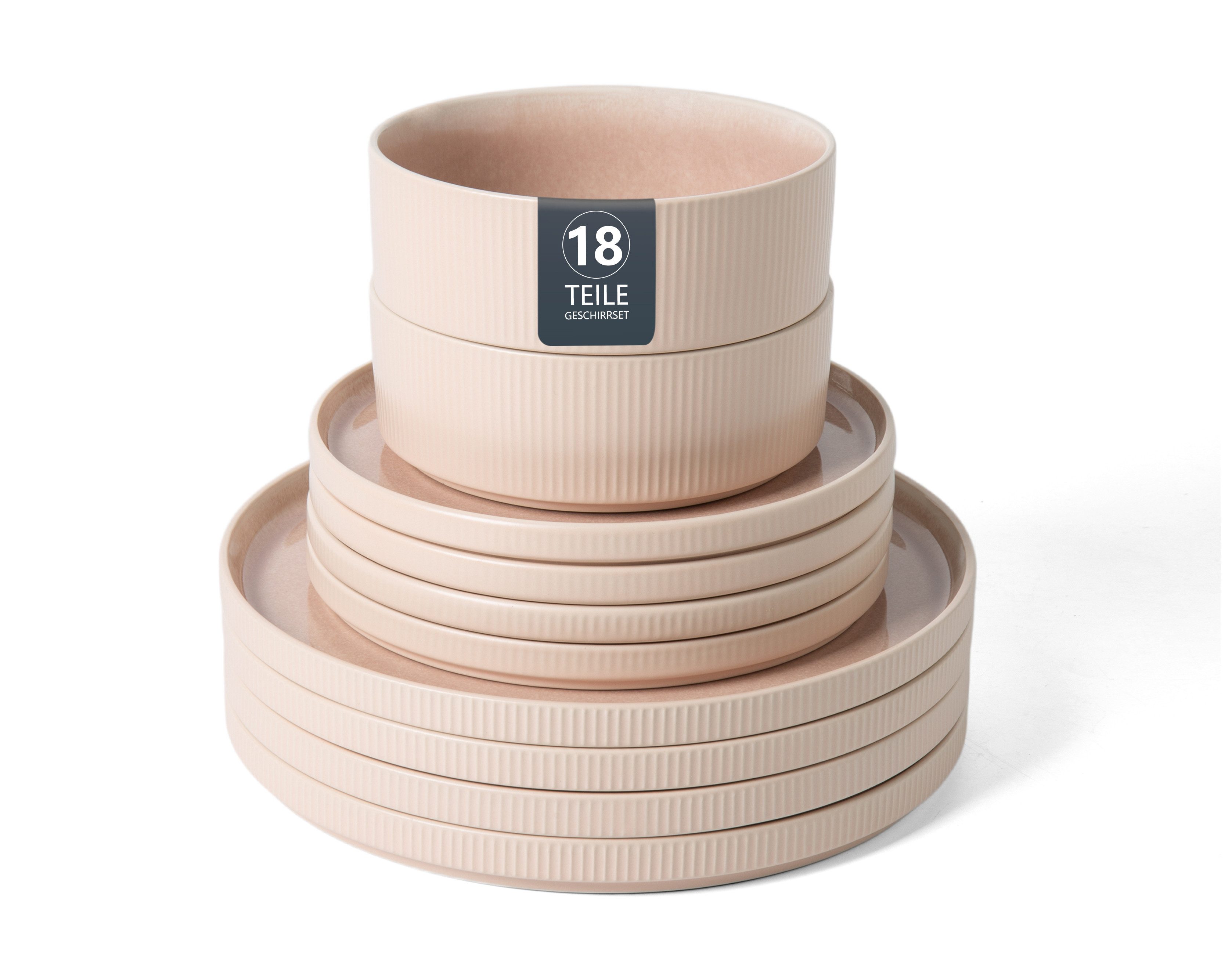 OTTO home Geschirr-Set Ylvii, außen matt, innen reaktiv glasiert (18-tlg), 6 Personen, Steinzeug, Riffeloptik, spülmaschinenfest und mikrowellengeeignet