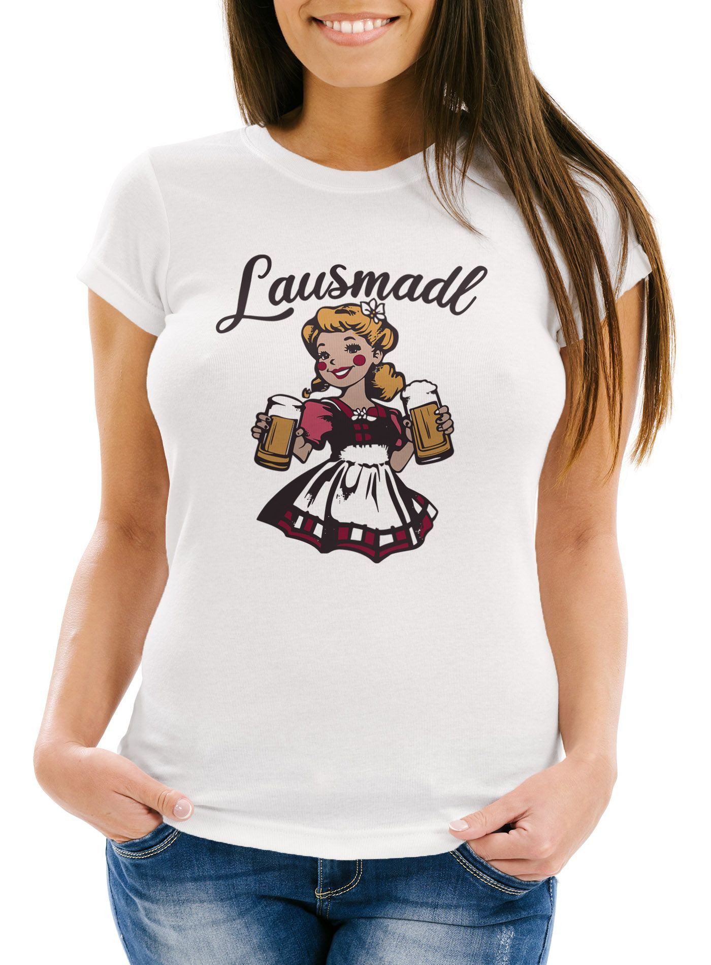MoonWorks Print-Shirt Damen T-Shirt Trachtenshirt Dirndl Lausmadl Bayern Bier Kostüm Tracht mit Print