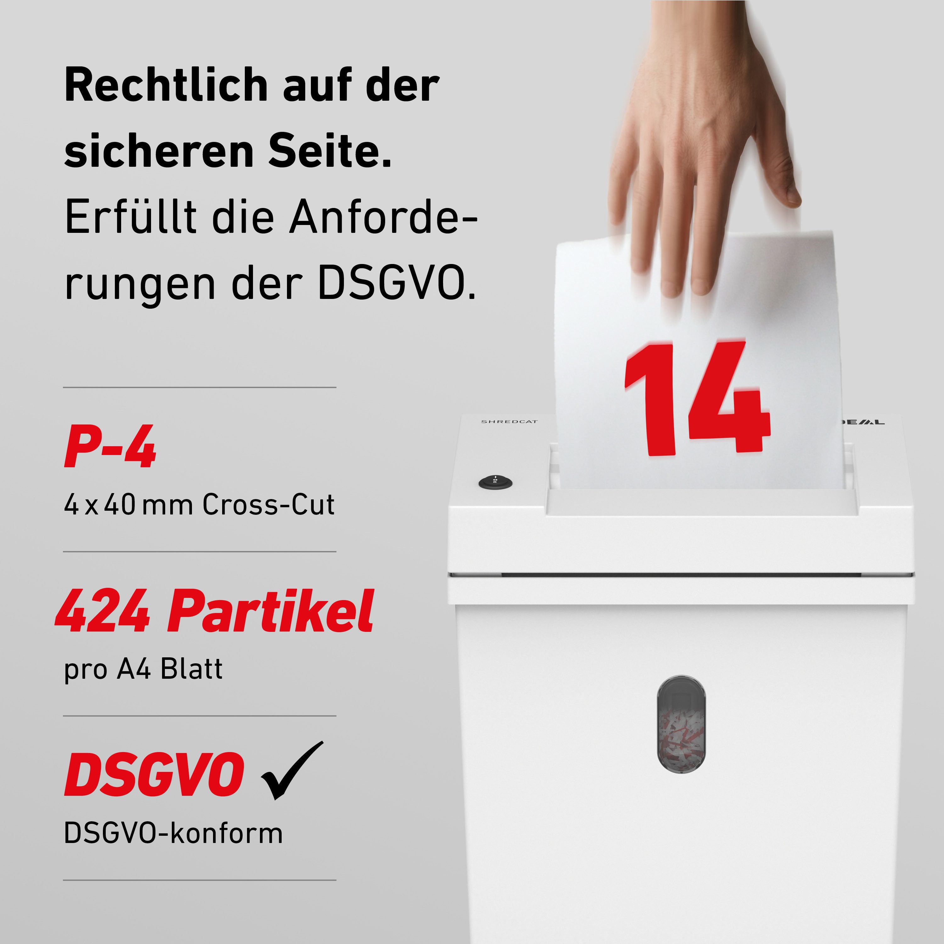 IDEAL Aktenvernichter IDEAL Shredcat 8200 CC, 4 x 40 mm Partikelschnitt, Sicherheitsstufe P-4, bis 14 Blatt, 21 l Auffangvolumen, DSGVO-konform – Bild 2 von 5