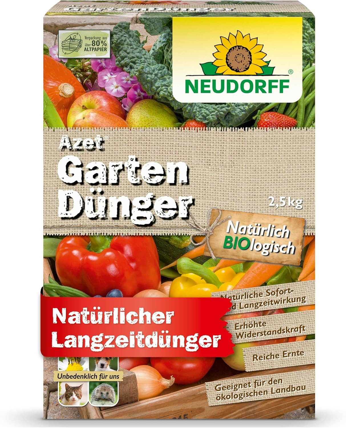Neudorff Gartendünger Bio Azet GartenDünger 2,5 kg, organischer Langzeitdünger mit natürlicher Sofort- & Langzeitwirkung, unbedenklich für Mensch und Tier