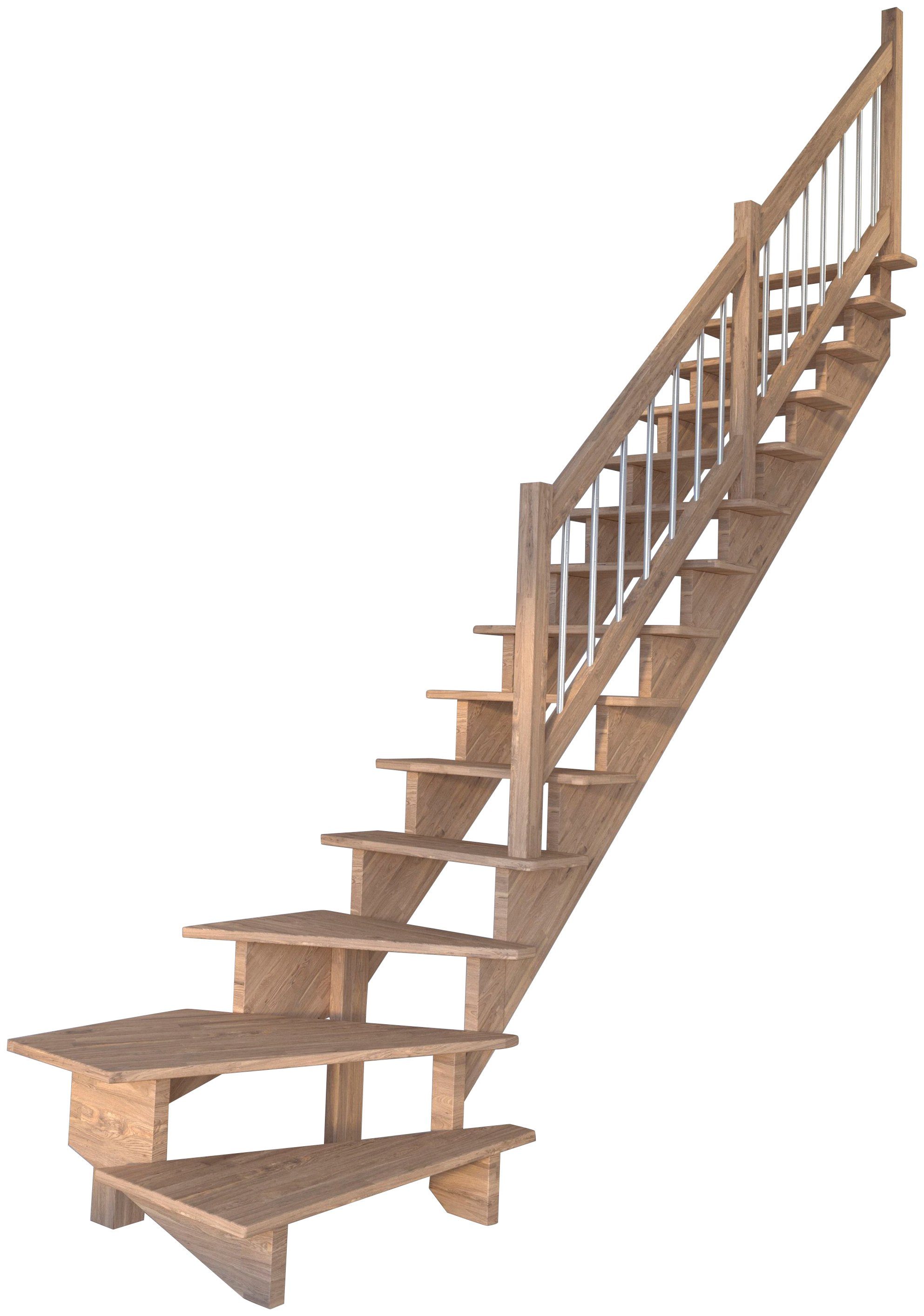 Starwood Systemtreppe Massivholz Lindos, Holz-Edelstahl, für Geschosshöhen bis 300 cm, Stufen offen, gewendelt Rechts, Durchgehende Wangenteile