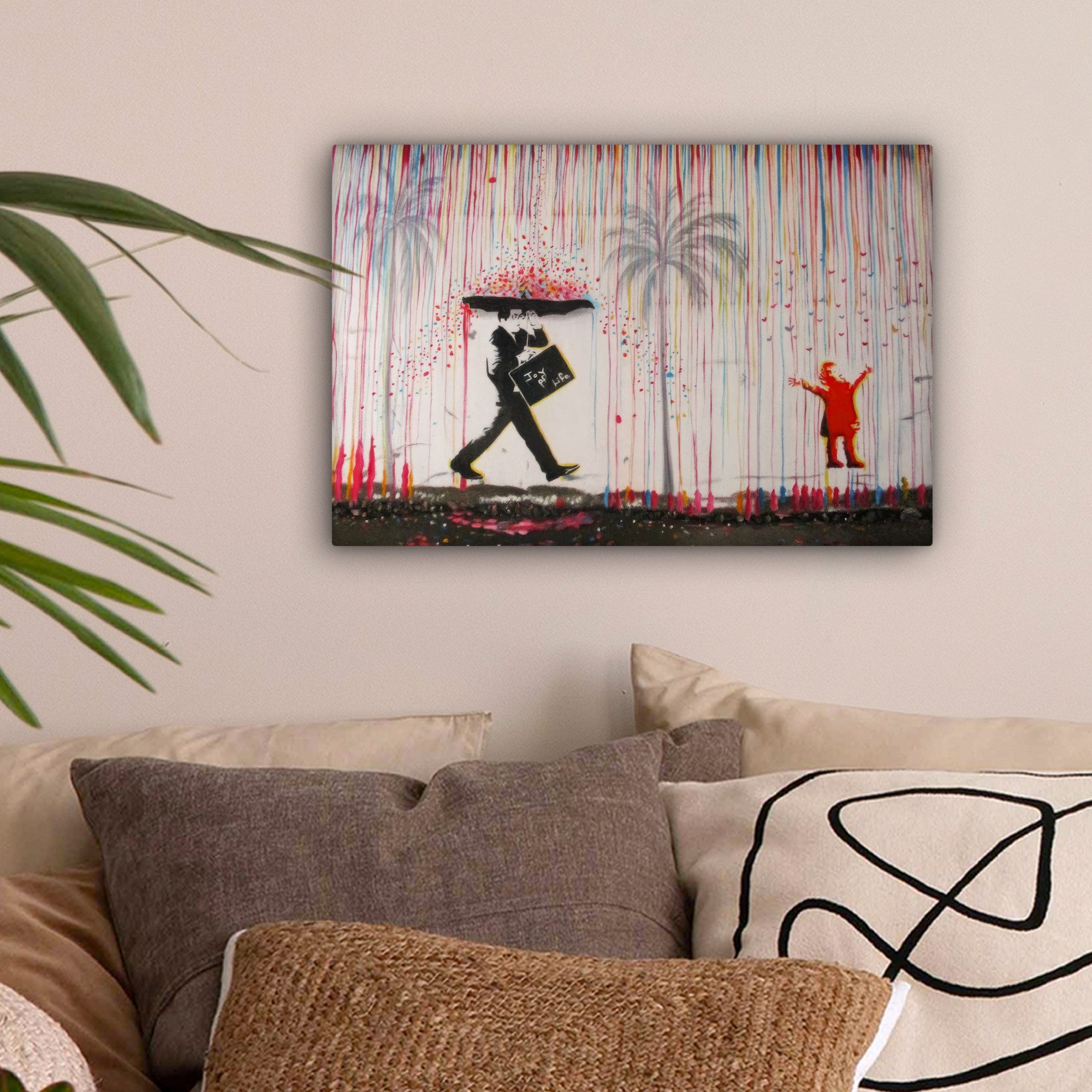 OneMillionCanvasses® Leinwandbild Regen - Graffiti - Mann - Banksy-Stil, Fo günstig online kaufen