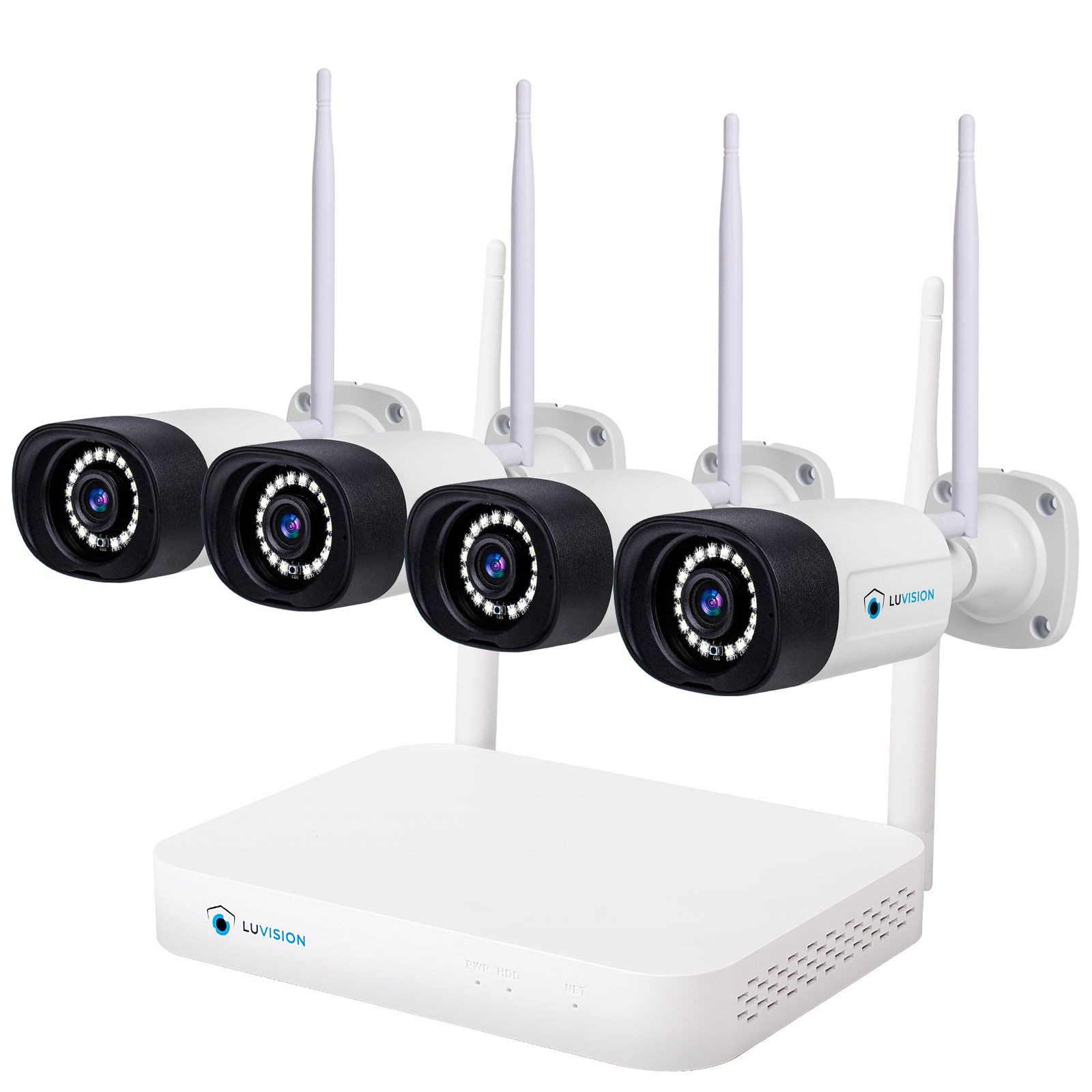 LUVISION Überwachungskamera K8508-W + PJ2151-W 4er (Außen- und Innenbereich, 4-tlg., WLAN Funk Überwachungssystem 4 x IP Überwachungskamera Mikrofon, Cloud, Audio, 10 Kanal NVR, Smarte farbige Nachtsicht)