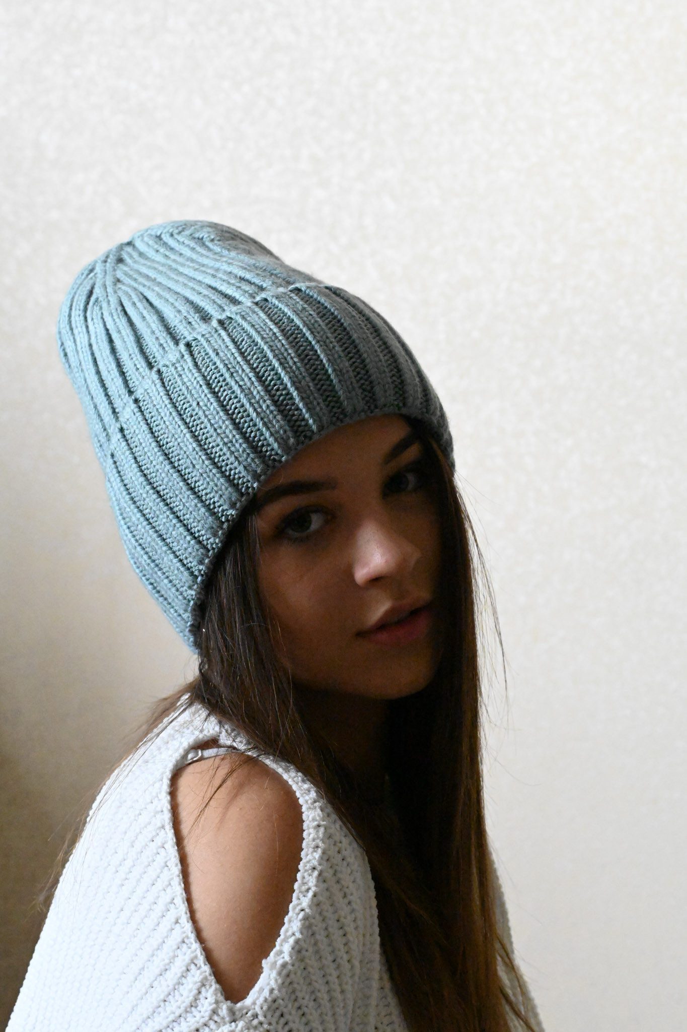 Runde Perlé Beanie warme weiche Wintermütze 100% Merinowolle hellgrün Beanie aus reiner, extrafeiner Merinowolle mit Umschlag