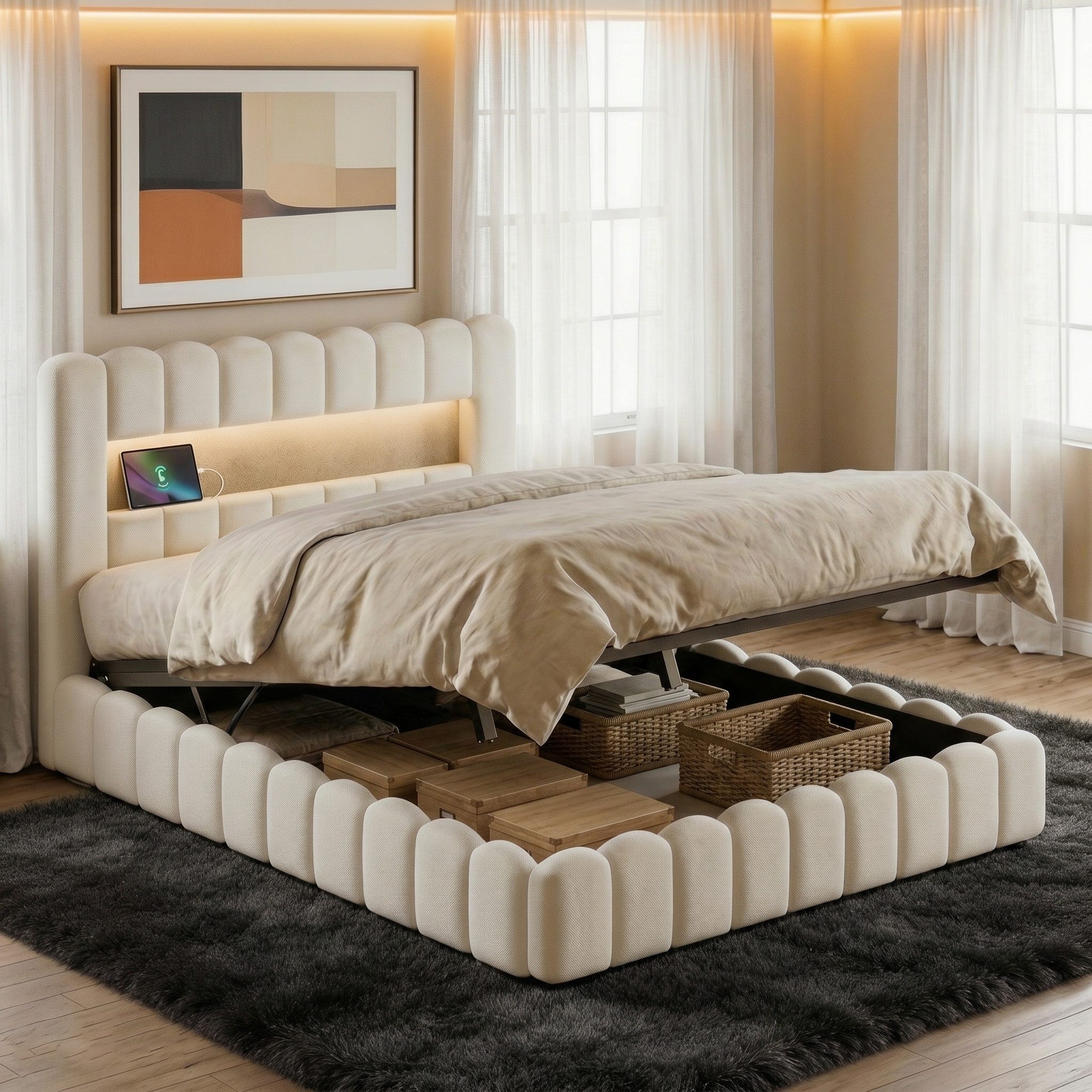 PXloue Polsterbett Doppelbett Jugendbett (ohne Matratze), Stauraumbett, Bettkasten, LED-Beleuchtung, USB-Anschluss, 180x200 cm