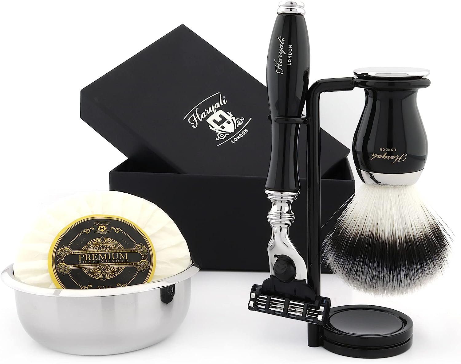 Haryali London Rasierset Premium Mach3 Herren-Rasier-Set, Schwarz mit Pinsel, Seife und Ständer, 5-teiliges Set: Rasierer, Bürste, Ständer, Seife, Schale, Luxuriöses Herrenrasierset mit Metallgehäuse und abnehmbarem Rasierer