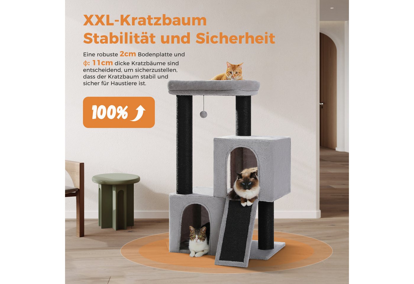 Thumbnail - PAWZ Road Kratzbaum Kratzbaum 11cm Dicke Stämme mit extrem großen doppelten Höhle, 114cm Schwarz grau
