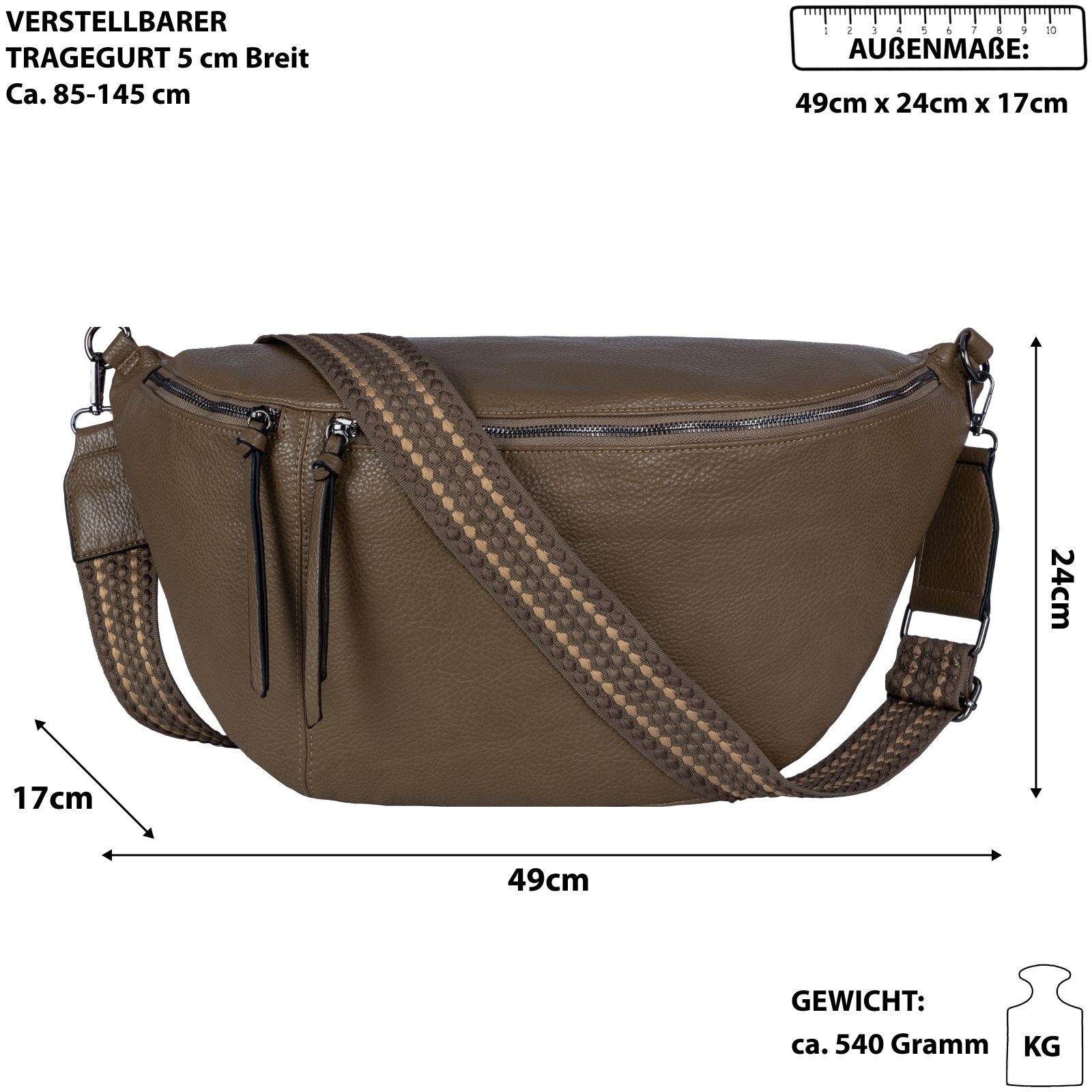 EAAKIE Gürteltasche Bauchtasche XXL Umhängetasche Crossbody-Bag Kunstleder Italy-Design, als Schultertasche, CrossOver, Umhängetasche tragbar