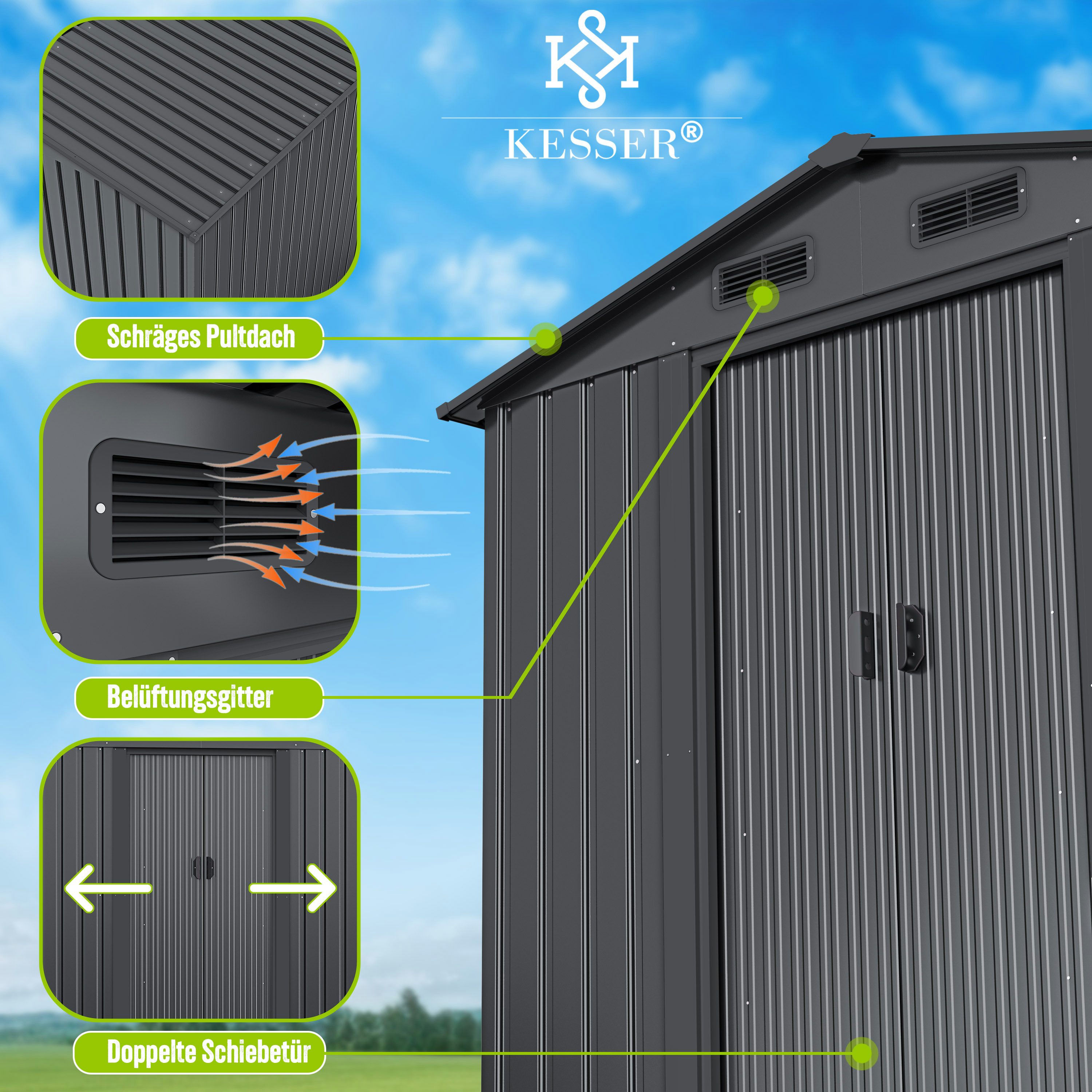 KESSER Gartenhaus, BxT: 132x132 cm, XL Metall Gerätehaus 4,2m³ mit Fundament 195x131x186cm