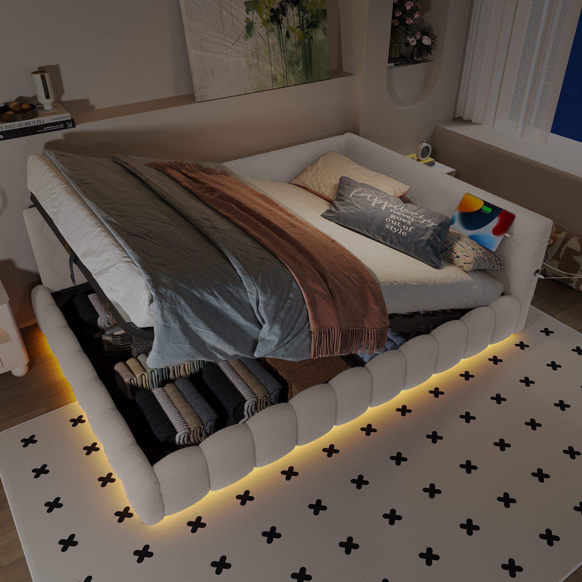 MODFU Schlafsofa Polsterbett mit LED, USB & Stauraum, Daybett Tagesbett 140 günstig online kaufen