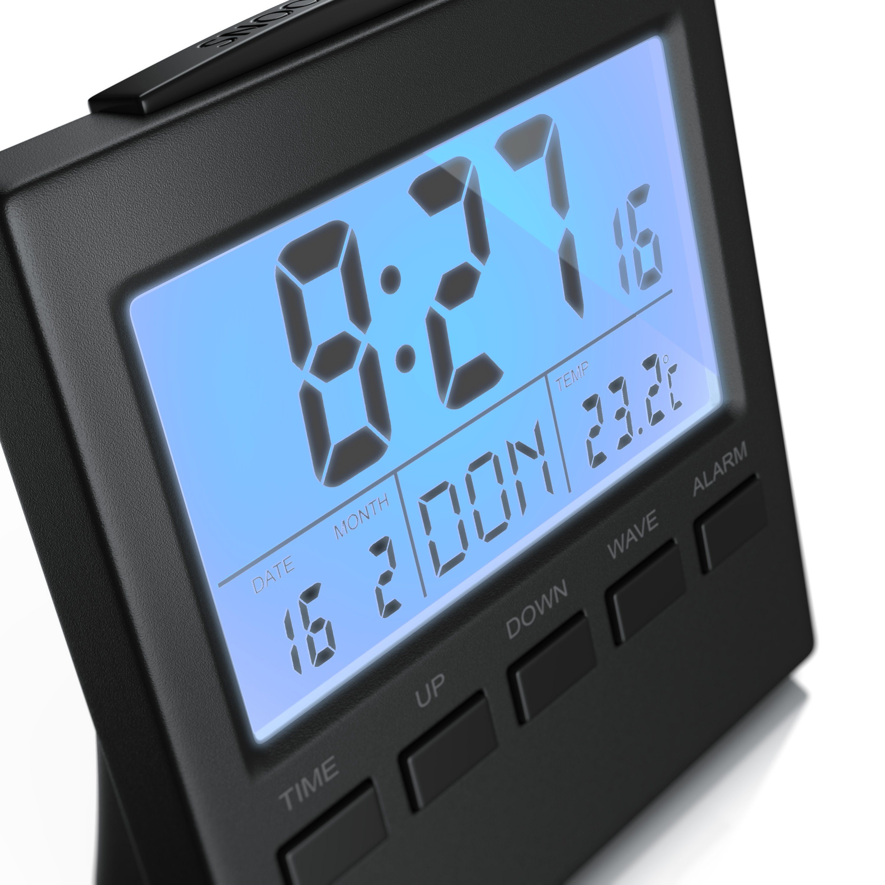 BEARWARE Wecker Digital-Funkwecker, Innen Temperaturanzeige, DCF-Funkuhr Datumsanzeige 3,3 Zoll LCD-Display mit blauer LED Beleuchtung, Schlummerfunktion