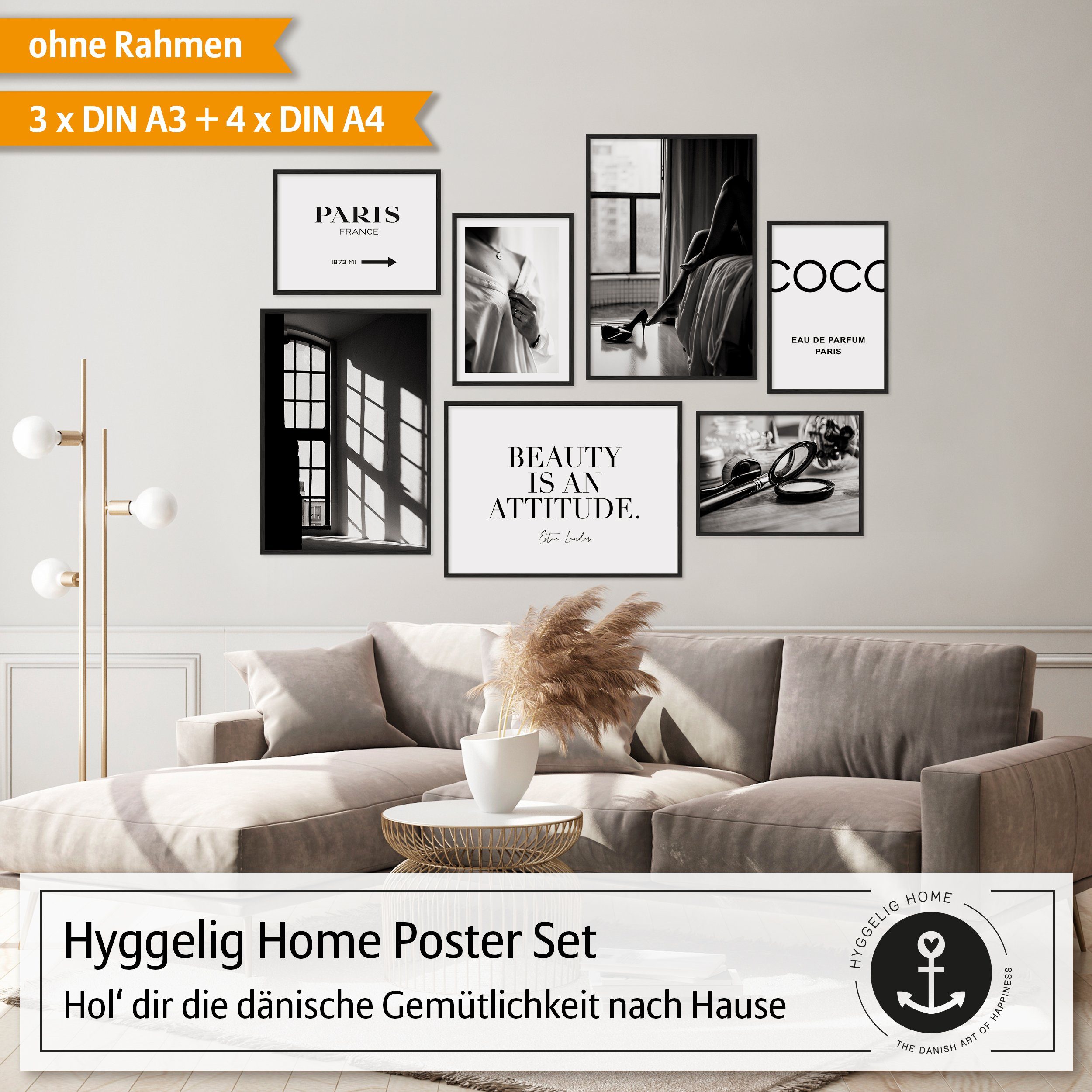Hyggelig Home Poster Beauty, Premium Poster Set OHNE & MIT Rahmen - Wandbilder schwarz weiß, Abstrakt (Set, 7 St), Collage Coco, Qualitätsdruck auf dickem Papier