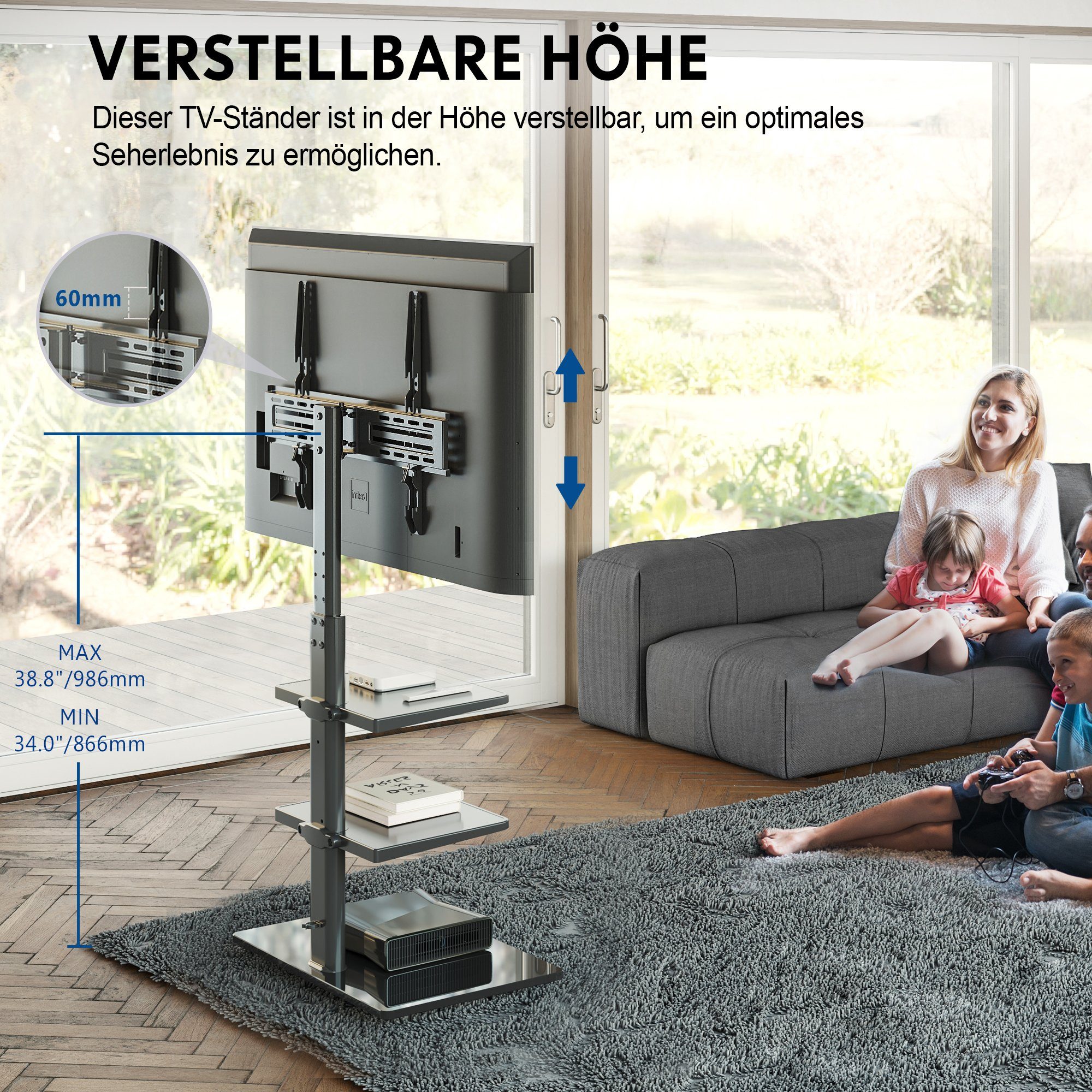 FITUEYES TV-Ständer mit 2 Ablagen, höhenverstellbar, ±30°schwenkbar, 32-60 Zoll, (bis 60,00 Zoll, verstellbare Ablagen, aus gehärtetem Glas)