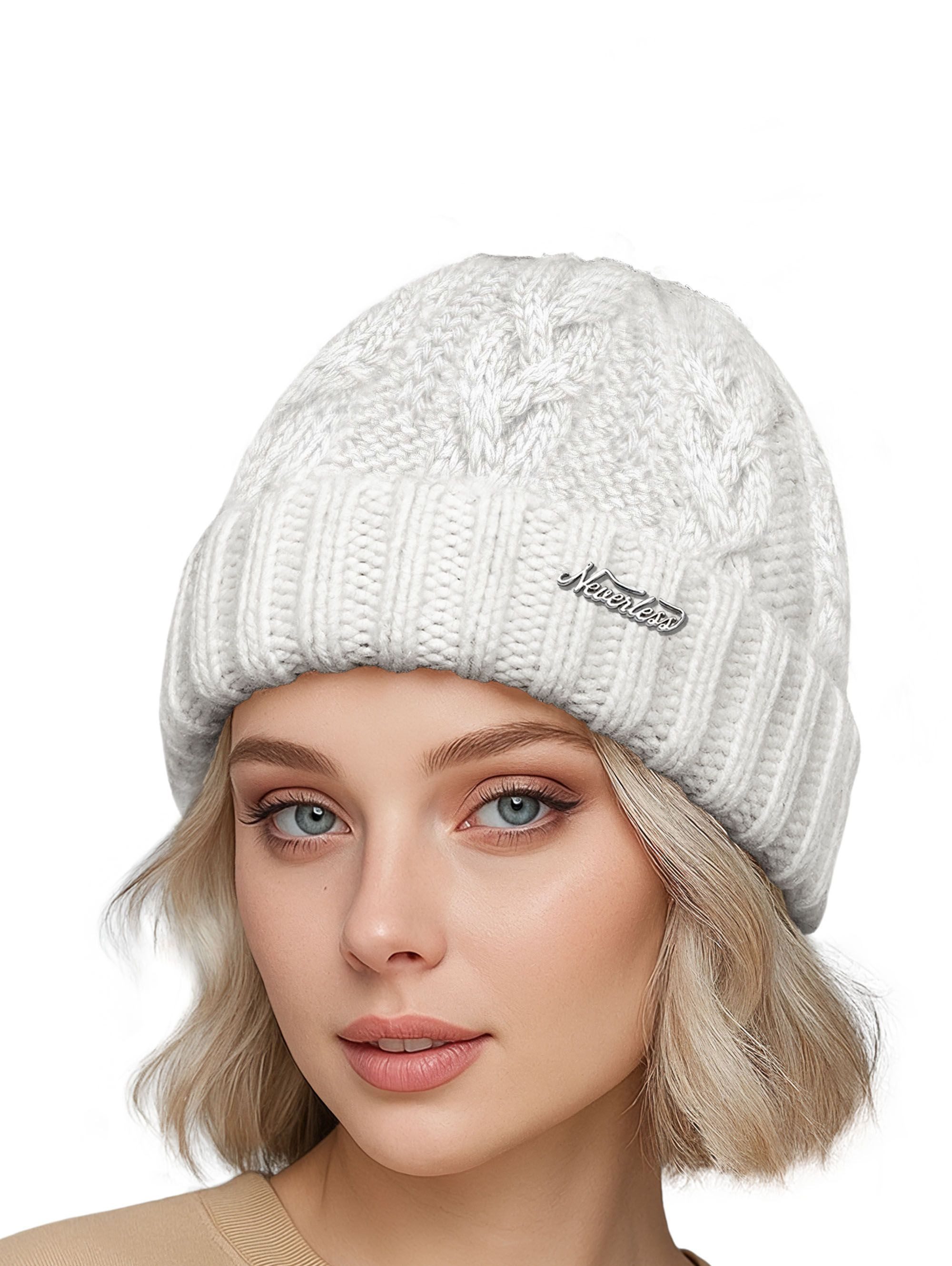 Neverless Strickmütze Damen Strickmütze Zopfstrickmuster Bommelmütze gefüttert mit Fleece