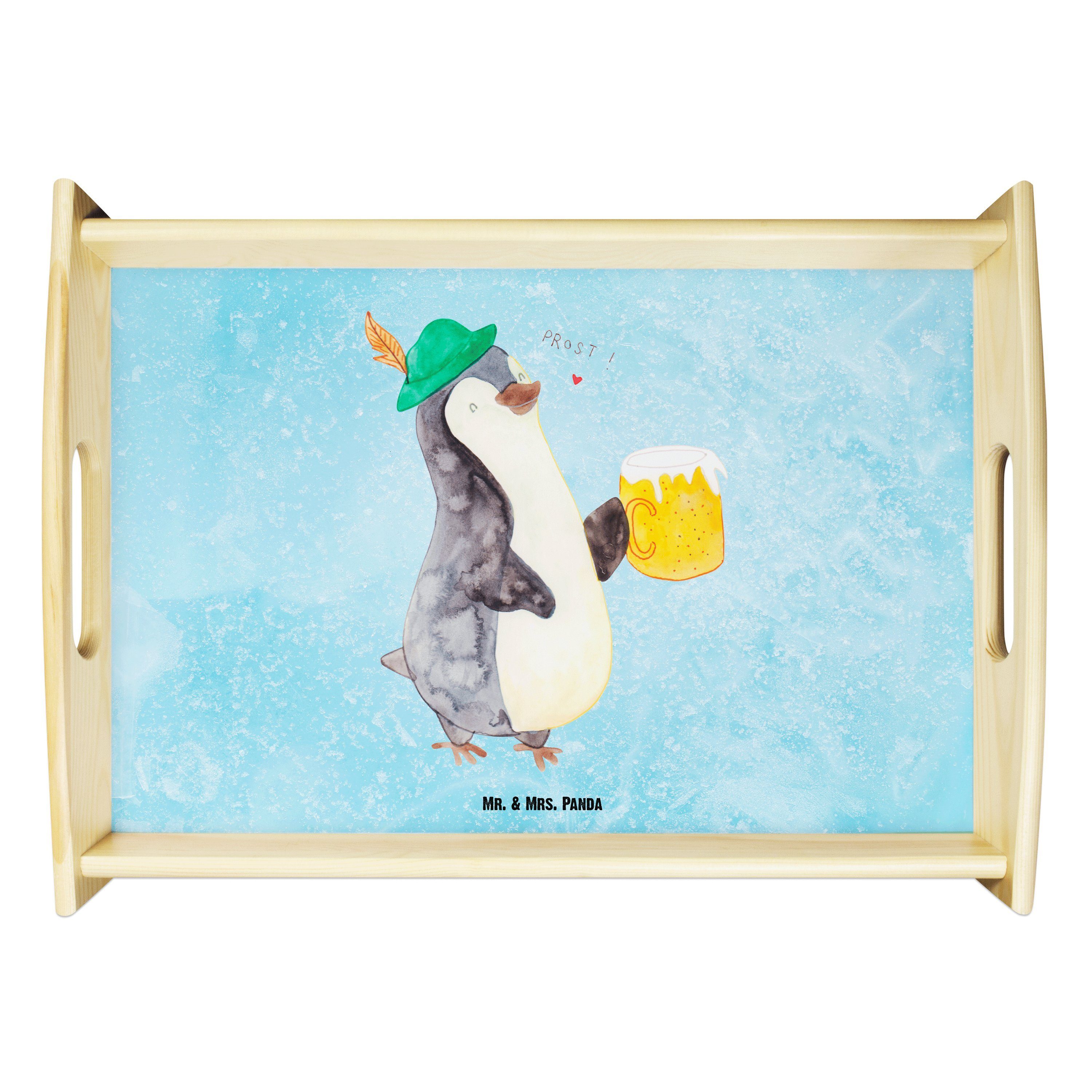 Mr. & Mrs. Panda Tablett Pinguin Bier - Eisblau - Geschenk, Dekotablett, Tablett, Holztablett, Echtholz lasiert, (1-tlg) | Tabletts