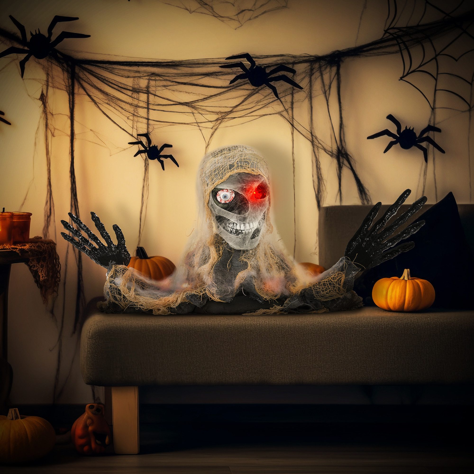 HOMCOM Dekofigur Halloween Deko Einäugige Mumie Krabbelnde Outdoor für Tür Garten (Halloween-Dekoration für draußen, 1 St., Einäugige Mumie), mit Rot Leuchtende Augen, mit Heul-Geräusch