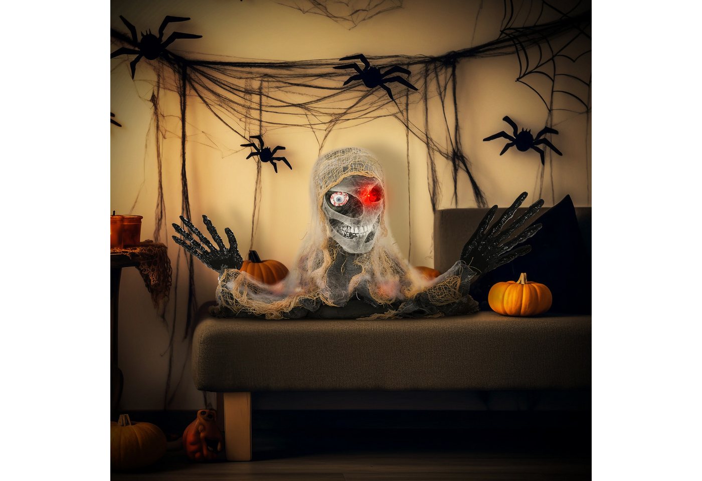 HOMCOM Dekofigur Halloween Deko Einäugige Mumie Krabbelnde Outdoor für Tür Garten (Halloween-Dekoration für draußen, 1 St., Einäugige Mumie), mit Rot Leuchtende Augen, mit Heul-Geräusch