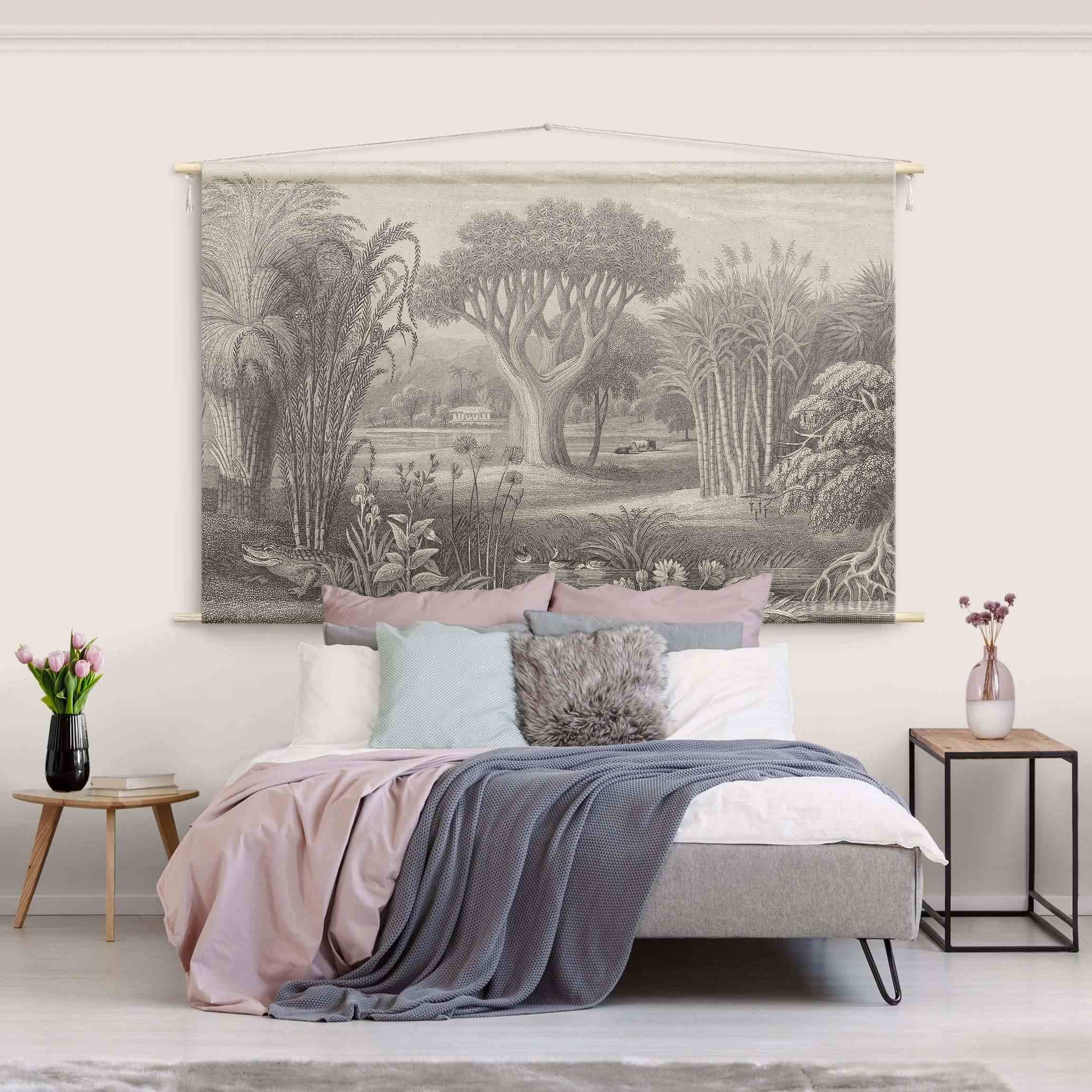 Bilderdepot24 Wandteppich modern Wald Tropisch Natur Vintage grau, rechteckig, Höhe: 2.6 mm, großes Wandbild aus Natur-Baumwolle Wandbehang Stoffbild Tuch Wollseil