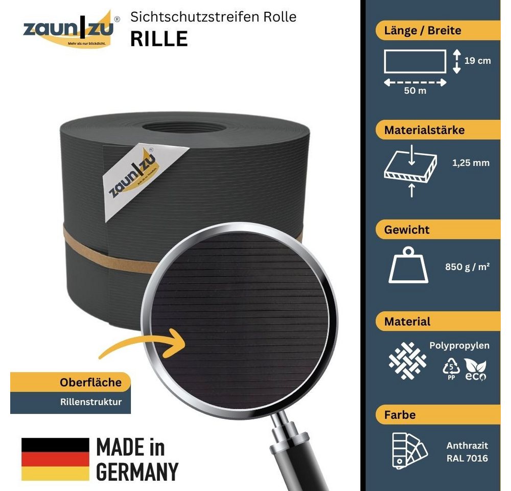 Thumbnail - zaunzu Sichtschutzstreifen Rille PP für Doppelstabmatte Zaunblende Anthrazit 50m, (1 Rolle, gerillte Optik, UV-beständig...