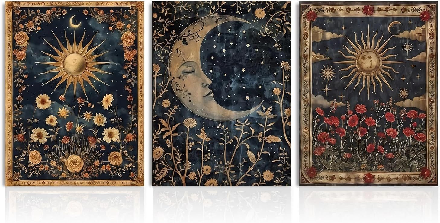 Wiladu Wanddekoobjekt 3er Set Vintage Boho Gothic Wandkunst Sonne Mond Tarotkarten