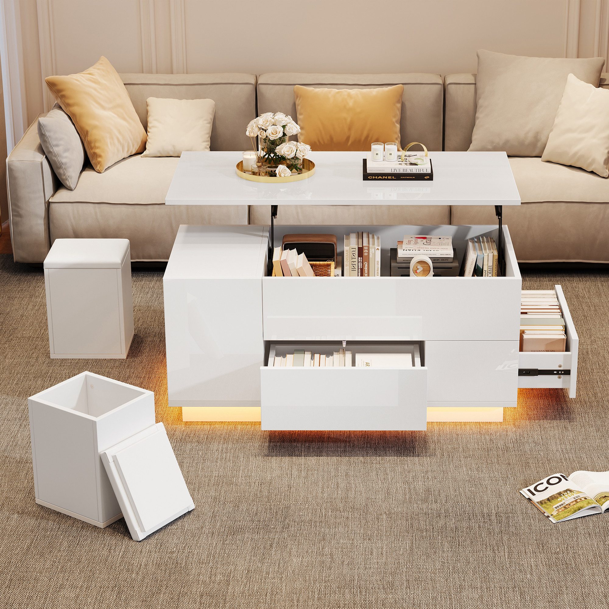 KLAM HOME Couchtisch Höhenverstellbarer LED-Couchtisch Weiß mit 2 Hockern (Hochglanz Sofatisch mit 2 Schubladen & Stauraum), Multifunktionaler Wohnzimmertisch bis 50kg Tragkraft