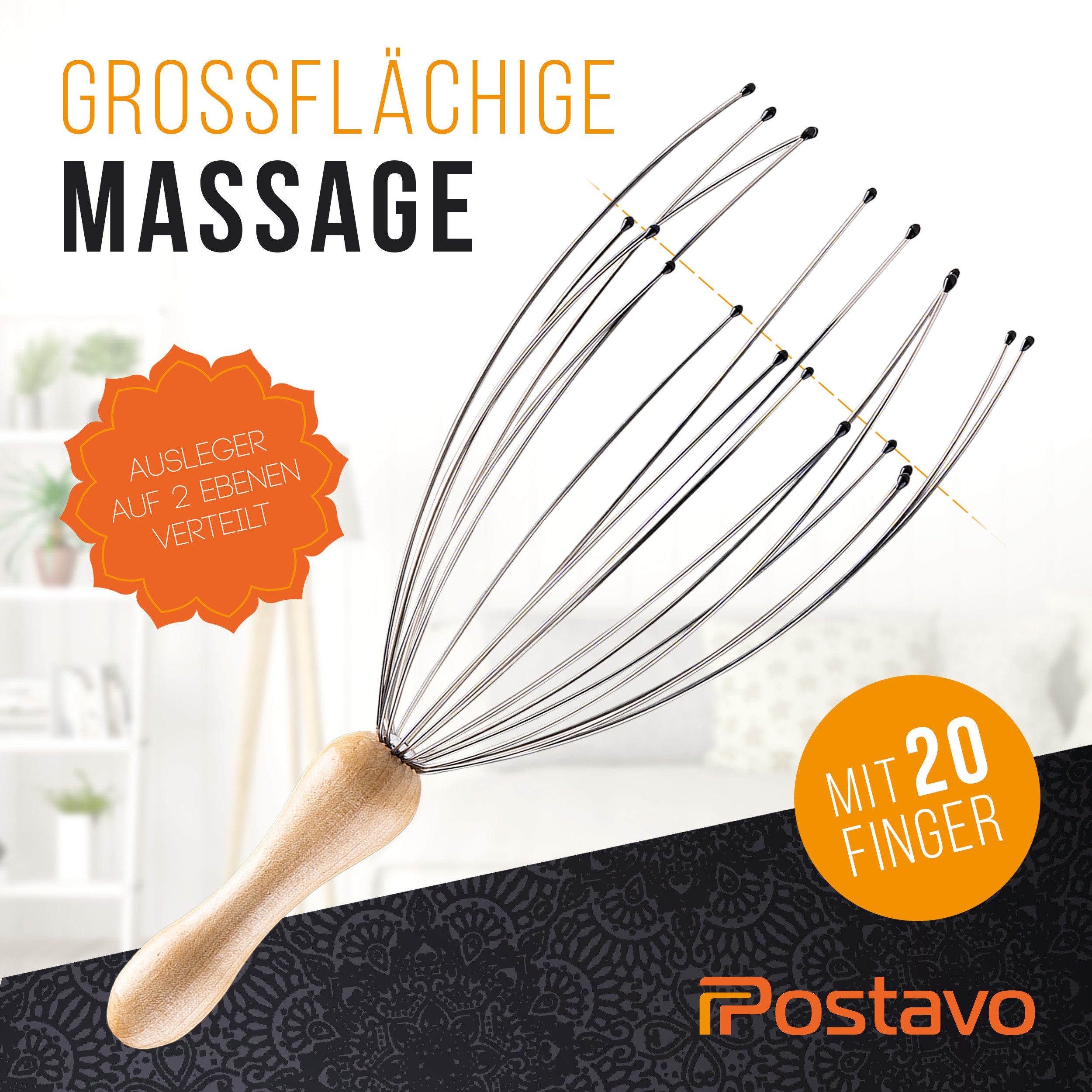 Postavo Massagegerät Kopf Spinne - Kopfmassagegerät mit 20 Fingern & Holz- & Edelstahlgriff, durchblutungsfördernd, ergonomisch, 2 Massageebenen