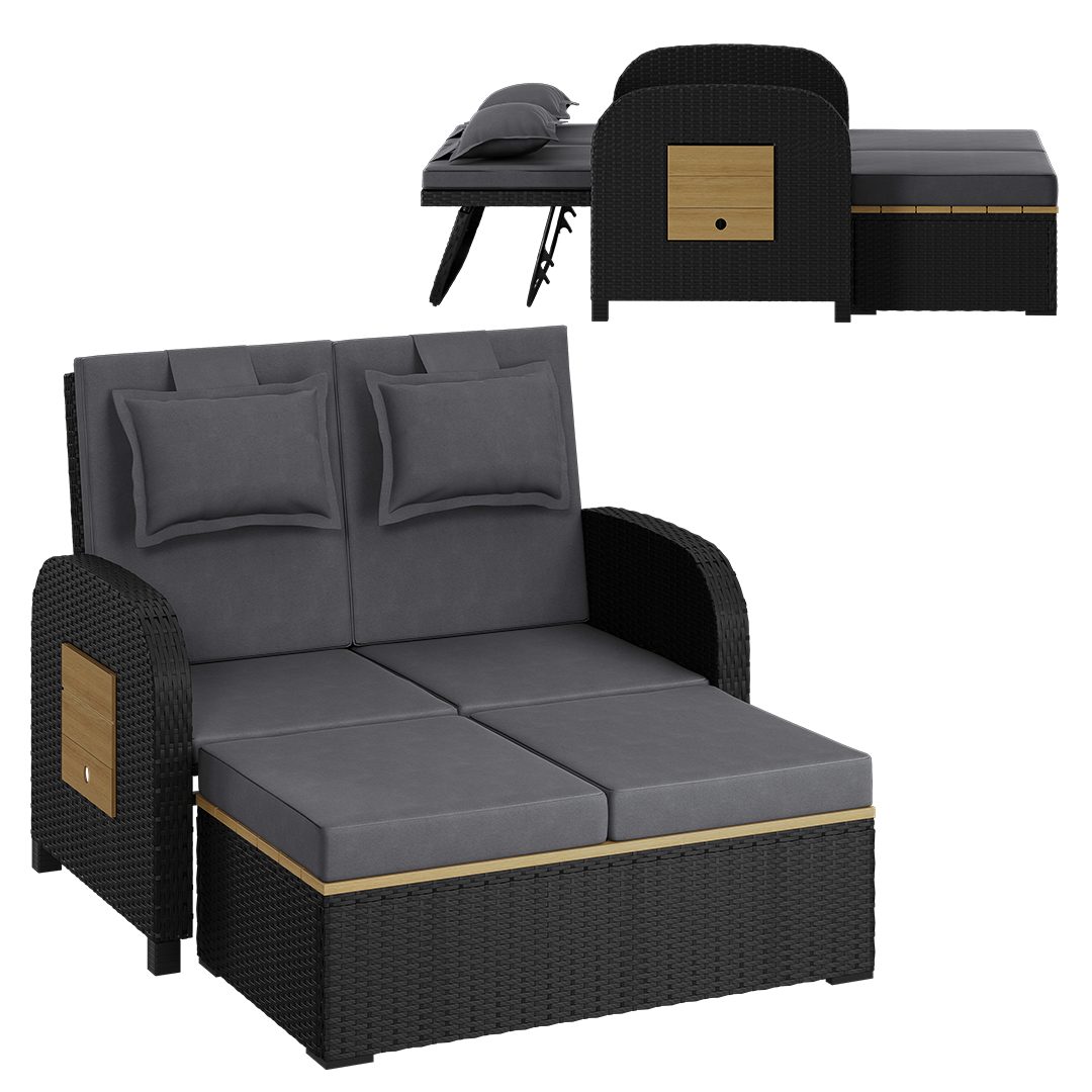 STEELSØN Gartenlounge-Set Caelum Gartensofa mit Liegefunktion, Rattan Sonnenliege, (schwarz/anthrazit, mit Kissen, wetterfest), herausziehbare Bank, ausklappbare Seiten-Tabletts