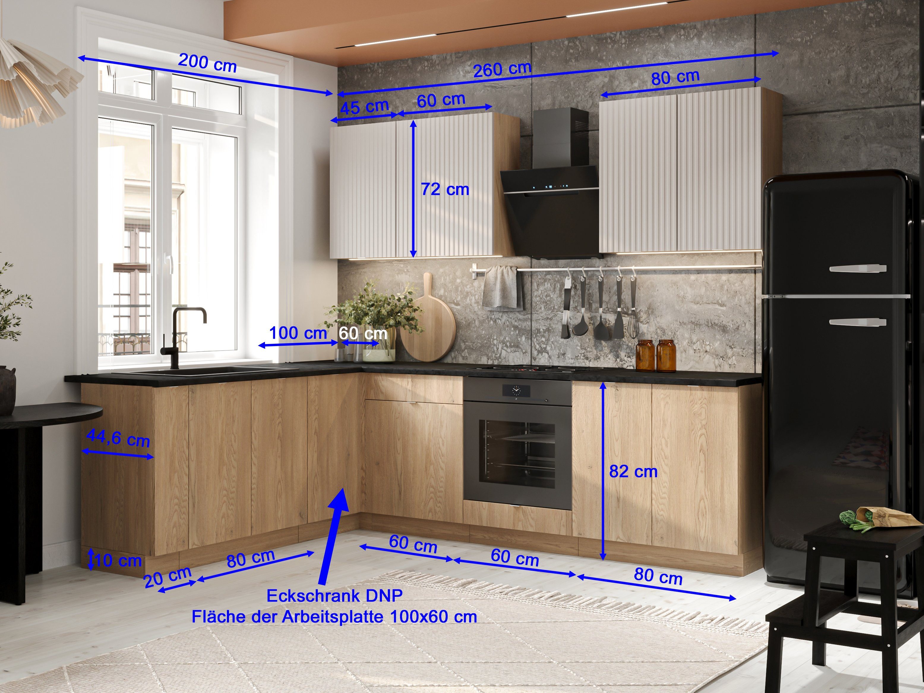 Möbel für Dich Winkelküche Eckküche in L-Form Sofia 260x200 cm, 9-teilig, mit Apothekerschrank