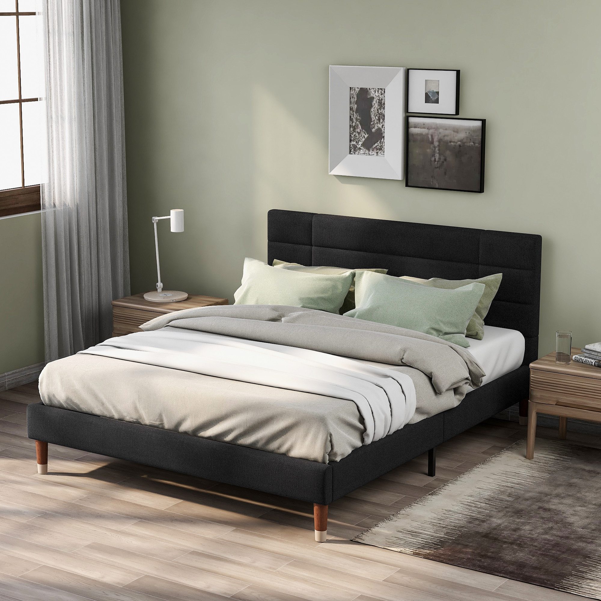 IDEASY Bettgestell Doppelbett, Holzbett, Samt/Leinenmaterial, 140x200cm, grau/schwarz/ (Lieferung ohne Dekoration), grün,17cm über dem Boden, rutschfeste Beine