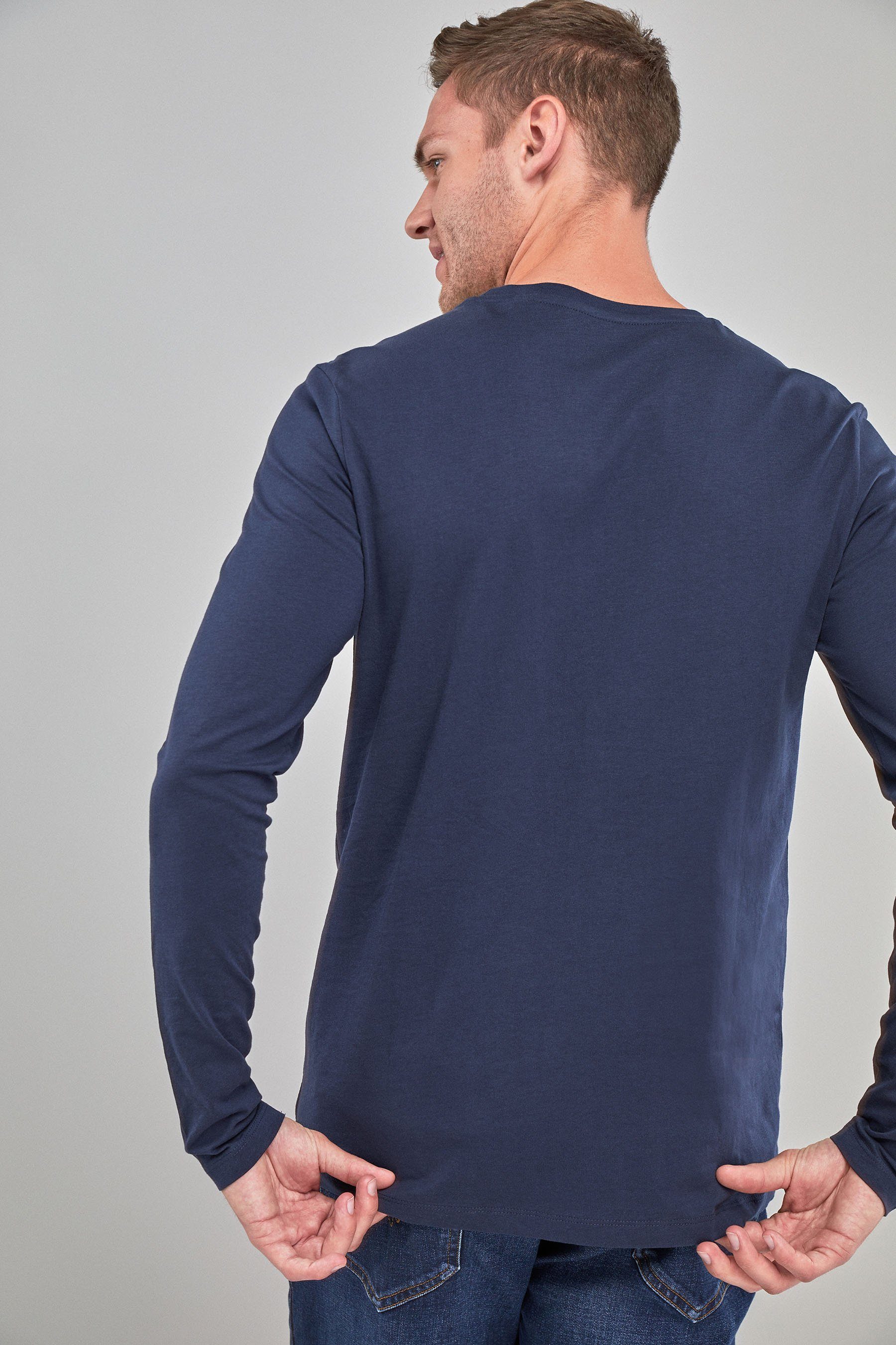Rundhalsshirt – (1-tlg) Blue Navy Langarmshirt Regular Fit Next