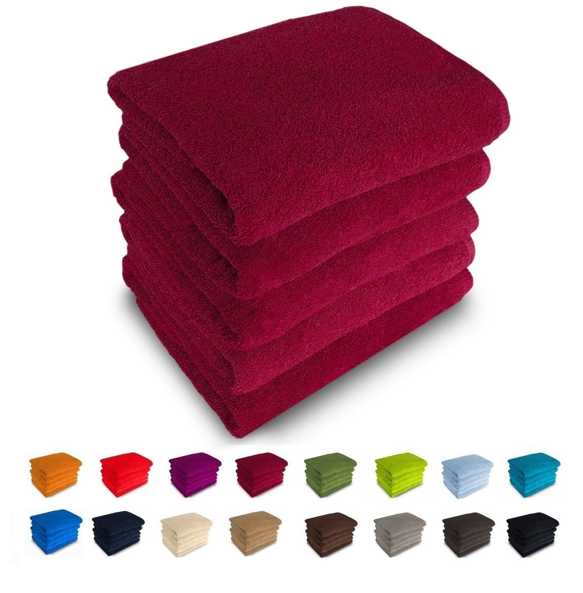 MatratzenL.A.B® Handtuch Set Rimini 500 g/m², 100% Baumwolle, (Duschtücher 70x140 cm Set, 5-tlg), Frotee, mit Aufhänger, 23 Farben, einzeln verpackt bordeaux - 29