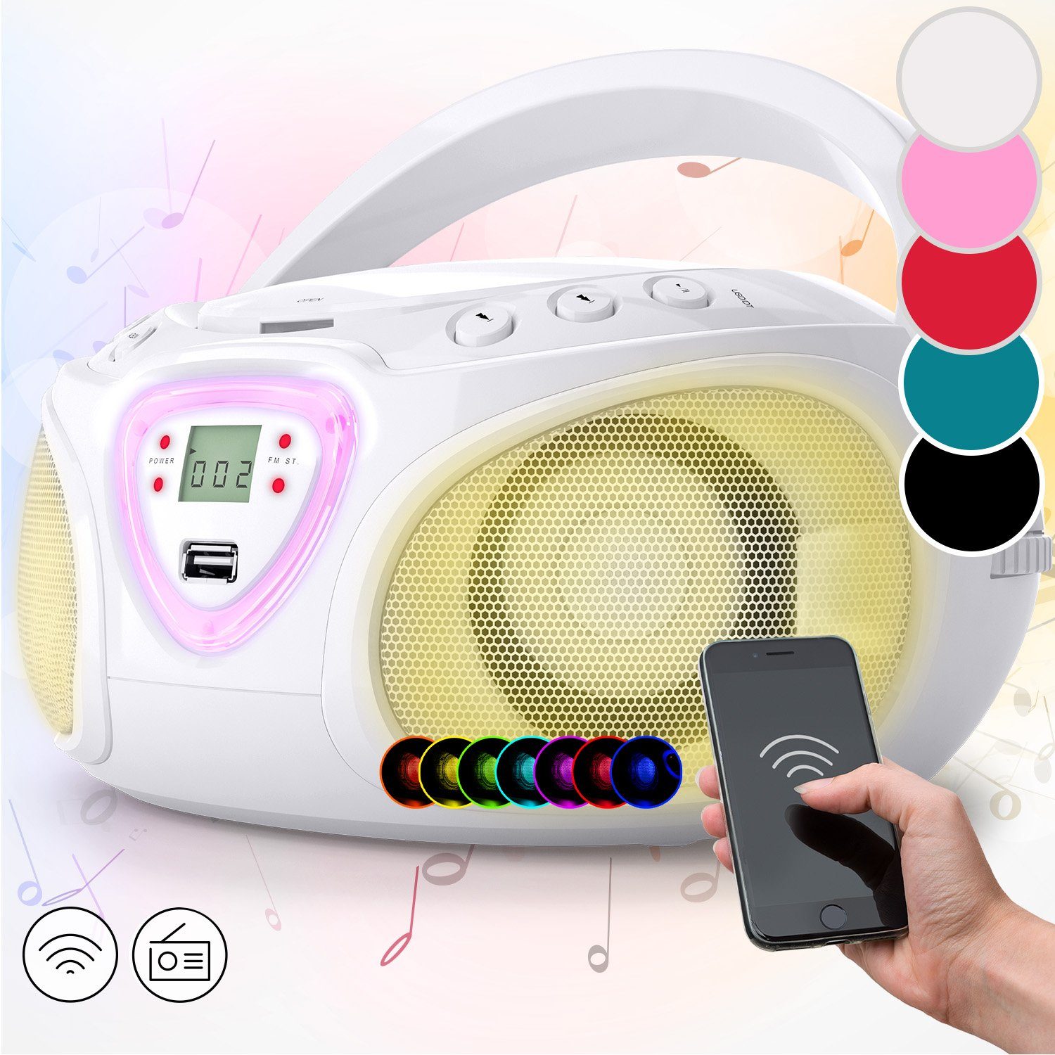 Auna Roadie Radio (FM-Radio, Kinder CD Player tragbar Musikbox Bluetooth CD Spieler Radio Soundbox) Weiß