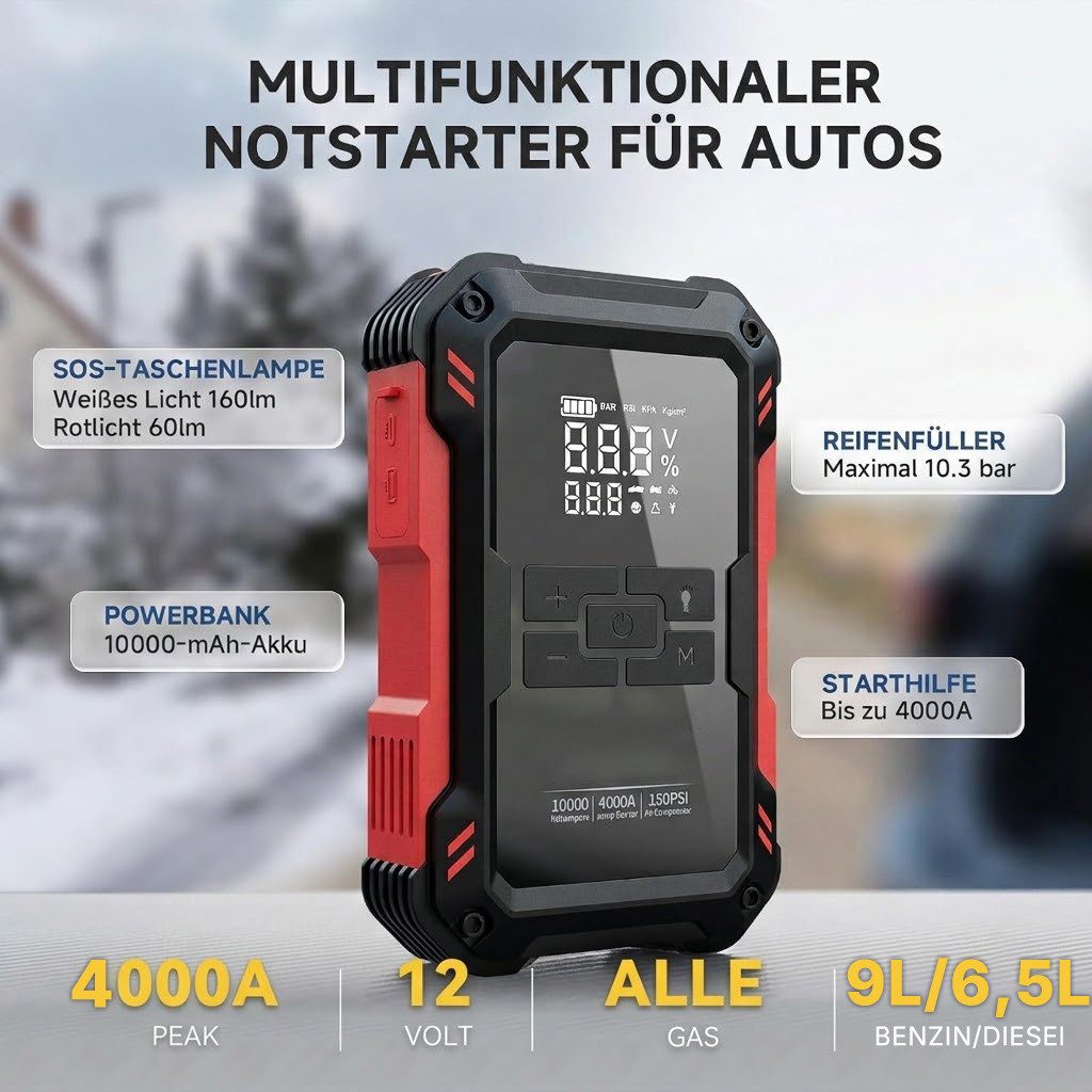 Forrlite Auto Starthilfe Powerbank 4000A 12V Starthilfegerät, 4-in-1 Autobatterie-Ladegerät (10000mAh Starthilfegerät mit 150PSI Kompressor & Smart-Klemmen, Starthilfe Powerbank Benzin bis 9,0L & Diesel bis 6,5L mit USB & DC, 12 Schutzmaßnahmen, Notfall-LED-Licht & LCD Display, -20°C bis 60°C)