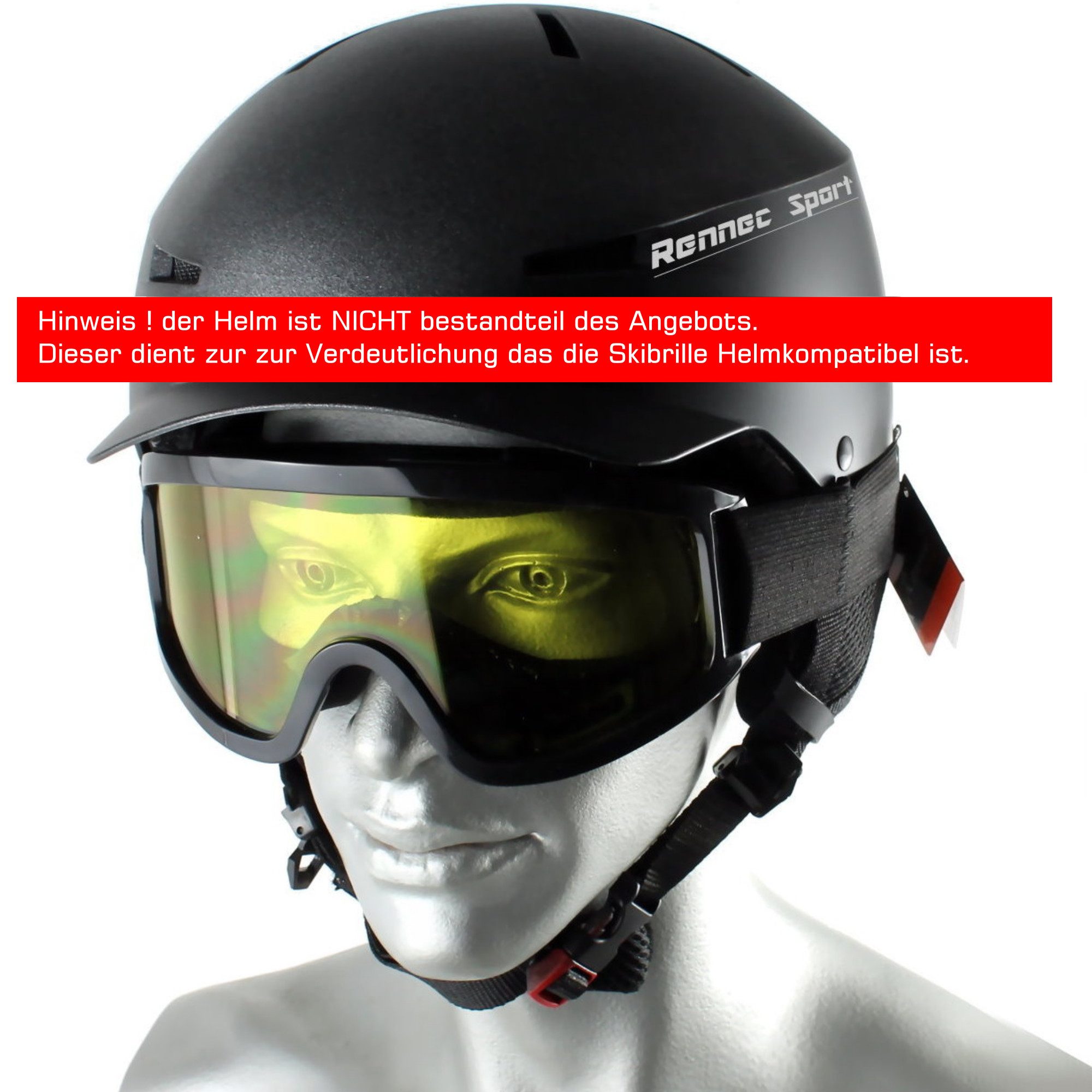Rennec Skibrille, (Unisex Skibrille inklusive Brillenbeutel), Brillenträger geeignet Linsen Verspiegelt oder Getönt S1 S3
