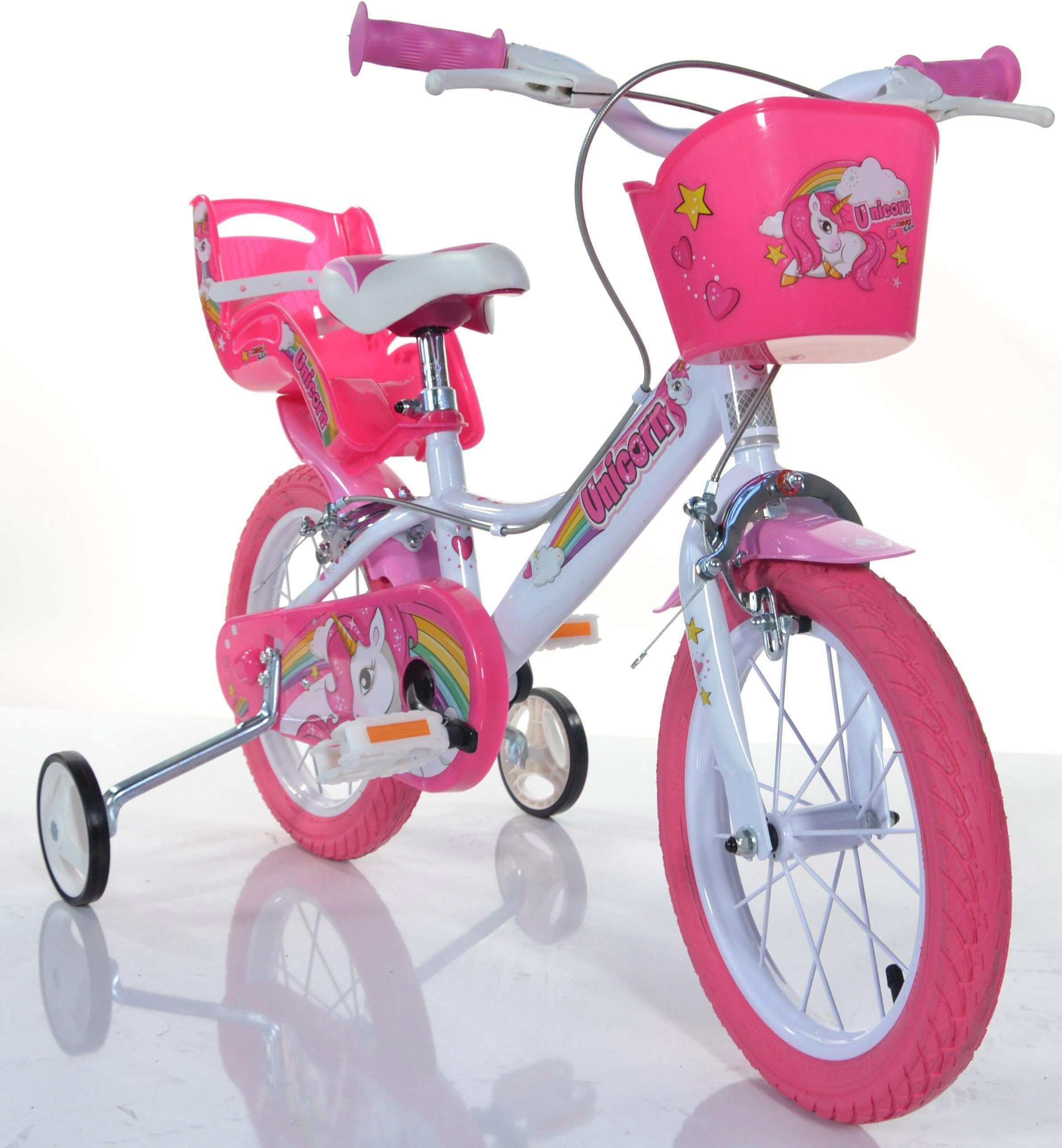 Dino Bikes Kinderfahrrad 16" Unicorn Einhorn Kinderfahrrad Mädchenfahrrad Freilauf 4–7 Jahre, 1 Gang, mit Stützrädern, Korb und Puppensitz – Bild 4 von 5