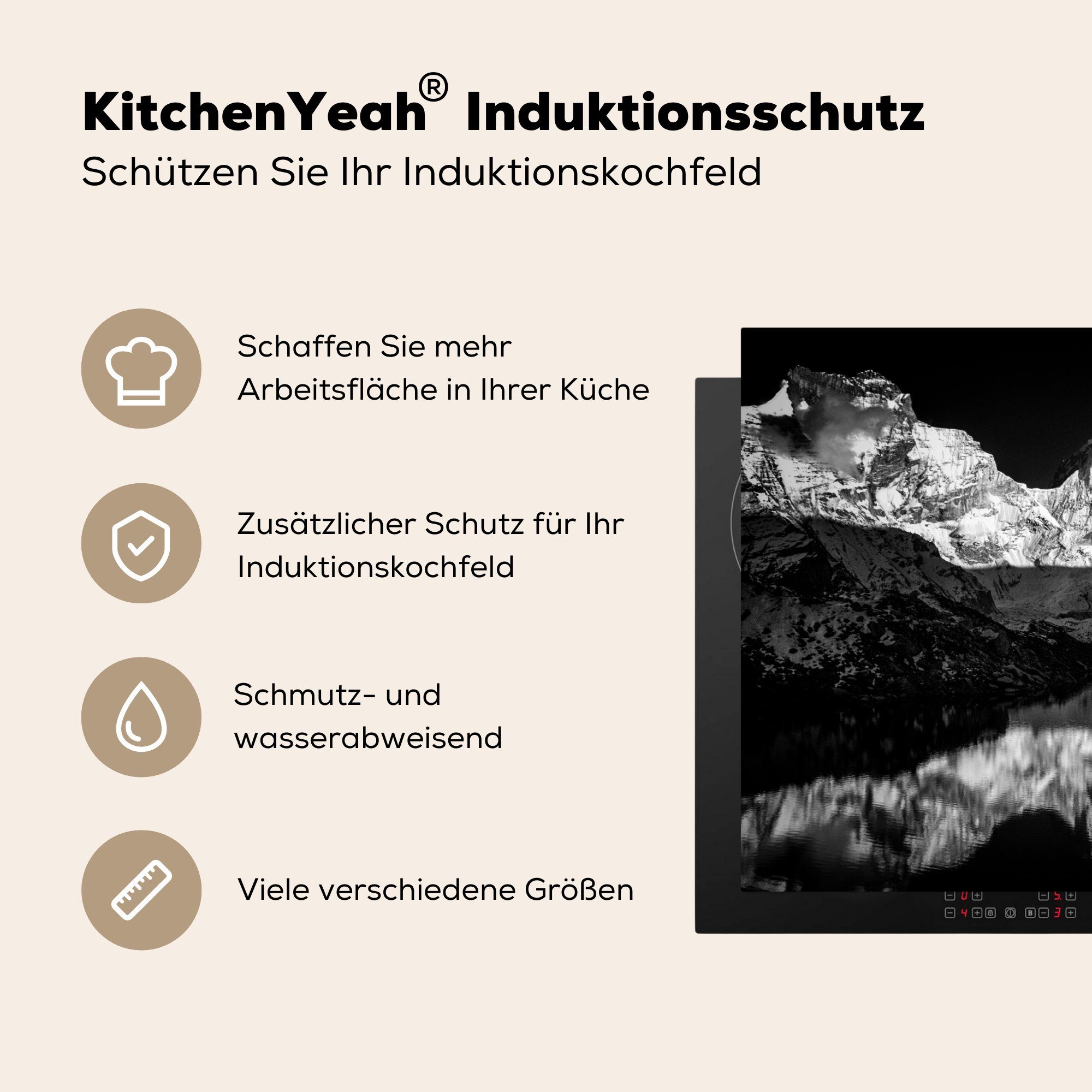 Vinyl, küche, Induktionskochfeld MuchoWow Kedartal cm, 71x52 (1 tlg), für Fotodruck Ceranfeldabdeckung Schutz schwarz/weiß, Herdblende-/Abdeckplatte die