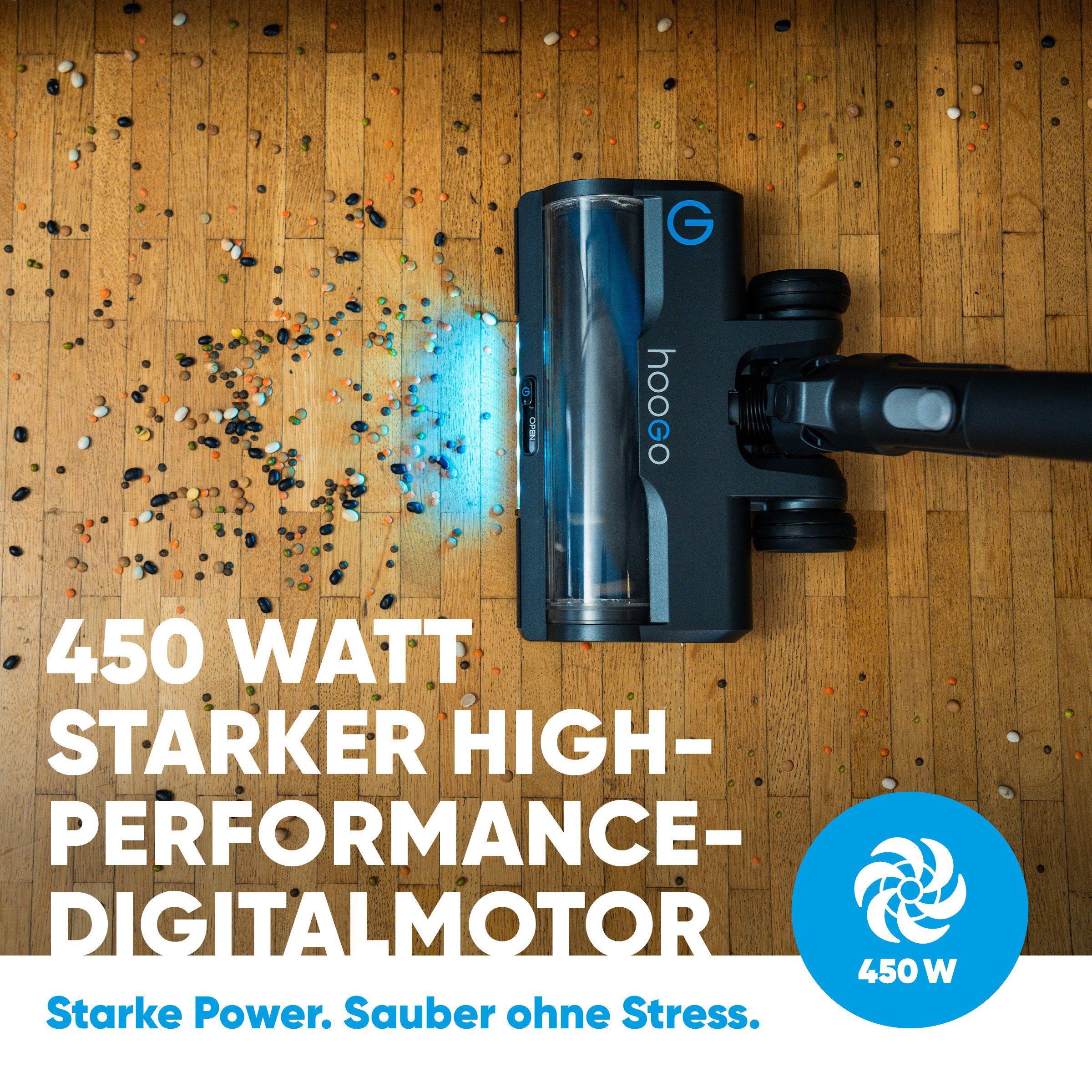 hoogo Akku-Hand-und Stielstaubsauger SC701, 450 W, beutellos, Deutsche Qualität, 60min Laufzeit, 360° Saugen, Allergiker, Tierhaare