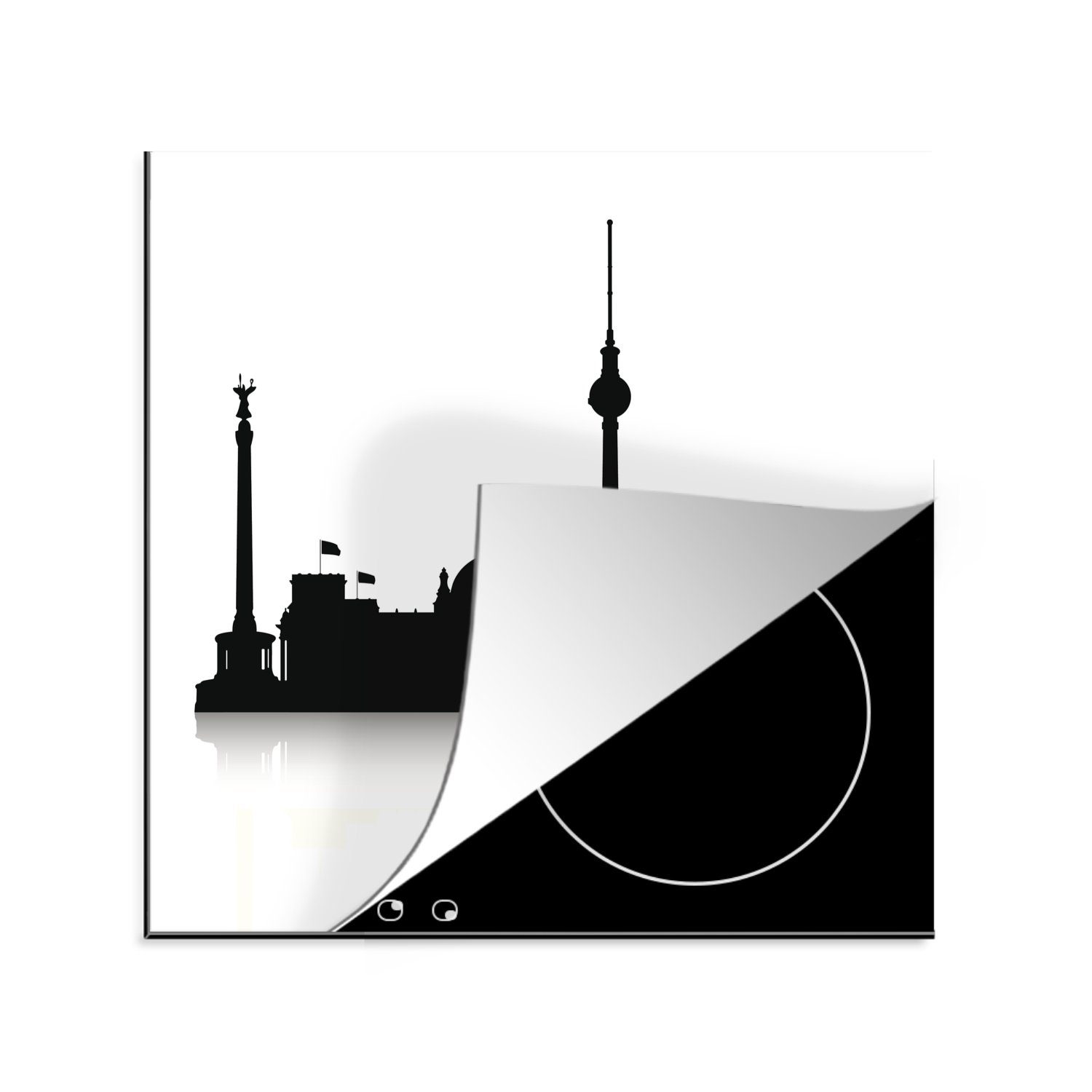 MuchoWow Herdblende-/Abdeckplatte Schwarz-Weiß-Illustration mit den Silhouetten von Berliner Wahrzeichen, Vinyl, (1 tlg), 78x78 cm, Ceranfeldabdeckung, Arbeitsplatte für küche