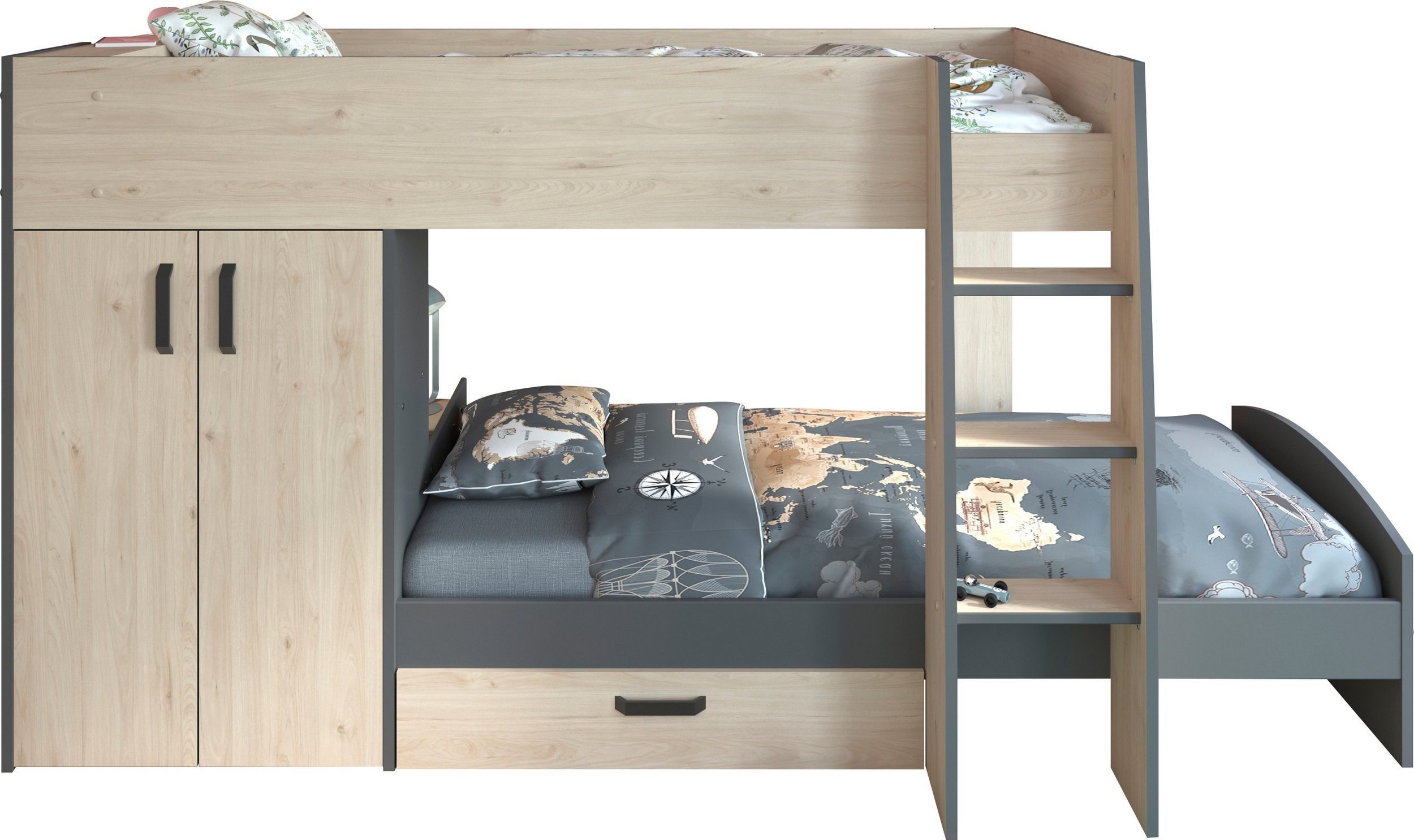 Parisot Hochbett Stim 2 (Top Angebot, 1-St., 2. Bett, Kleiderschrank und Bettschubkasten) Integrierte Kliederschrank, Bettschubkasten, 2. Bett Stauraum