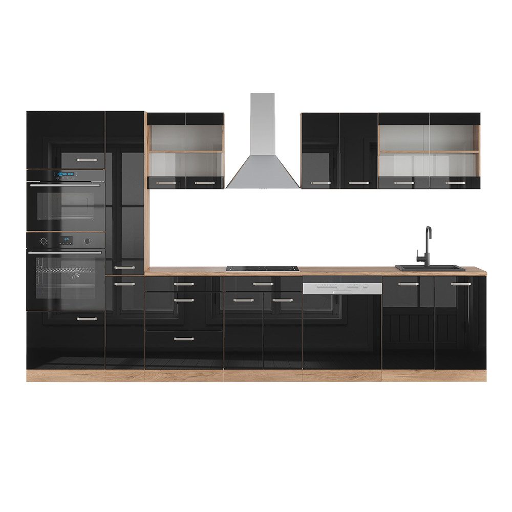 Vicco Küchenzeile R-Line Schwarz Hochglanz/Eiche 350cm günstig online kaufen