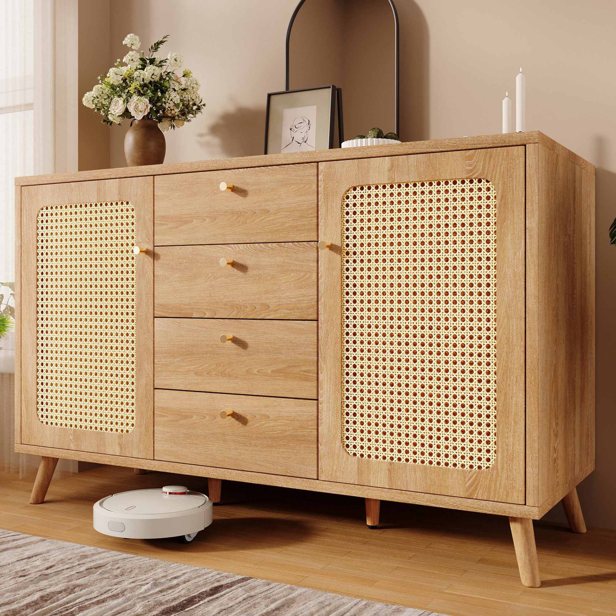REDOM Sideboard Kommode in natürlicher Rattan-Optik & heller Eiche (Packung, 1 St., Für ein gemütliches Ambiente in Wohn- oder Essbereich), 140x86x40 cm, mit 4 Schubladen & verstellbaren Böden