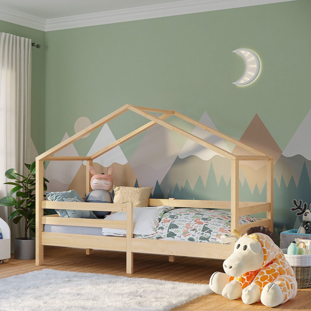 Bellabino Hausbett Abia mit Lattenrost und Rausfallschutz, 90x200 cm (natur, optional mit Matratze), Kinderbett verfügbar in verschiedenen Ausführungen