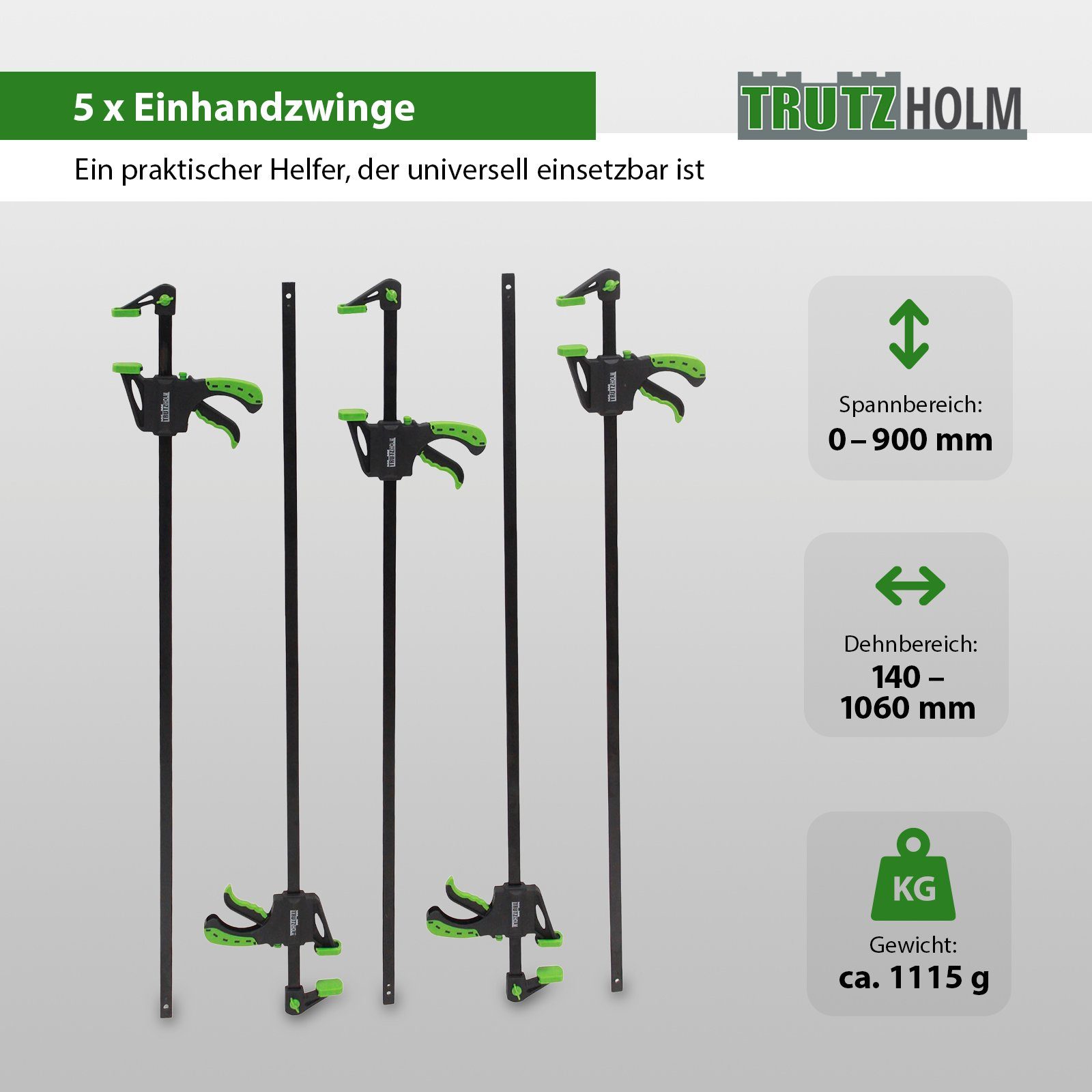 TRUTZHOLM Schraubzwinge 5x Einhandzwinge 60x900 mm Schnellspannzwinge Schraubzwinge Spanner, (Set), großer Dehnbereich