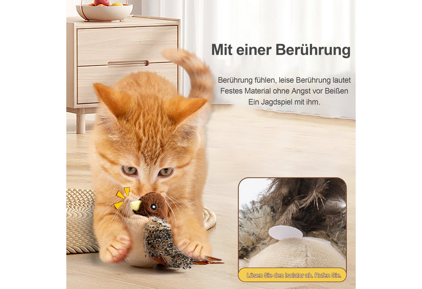 Thumbnail - OKWISH Tier-Intelligenzspielzeug Simulierter Zwitschernder Vogel Interaktives Katzenspielzeug, Polyester (Plüsch), reali...