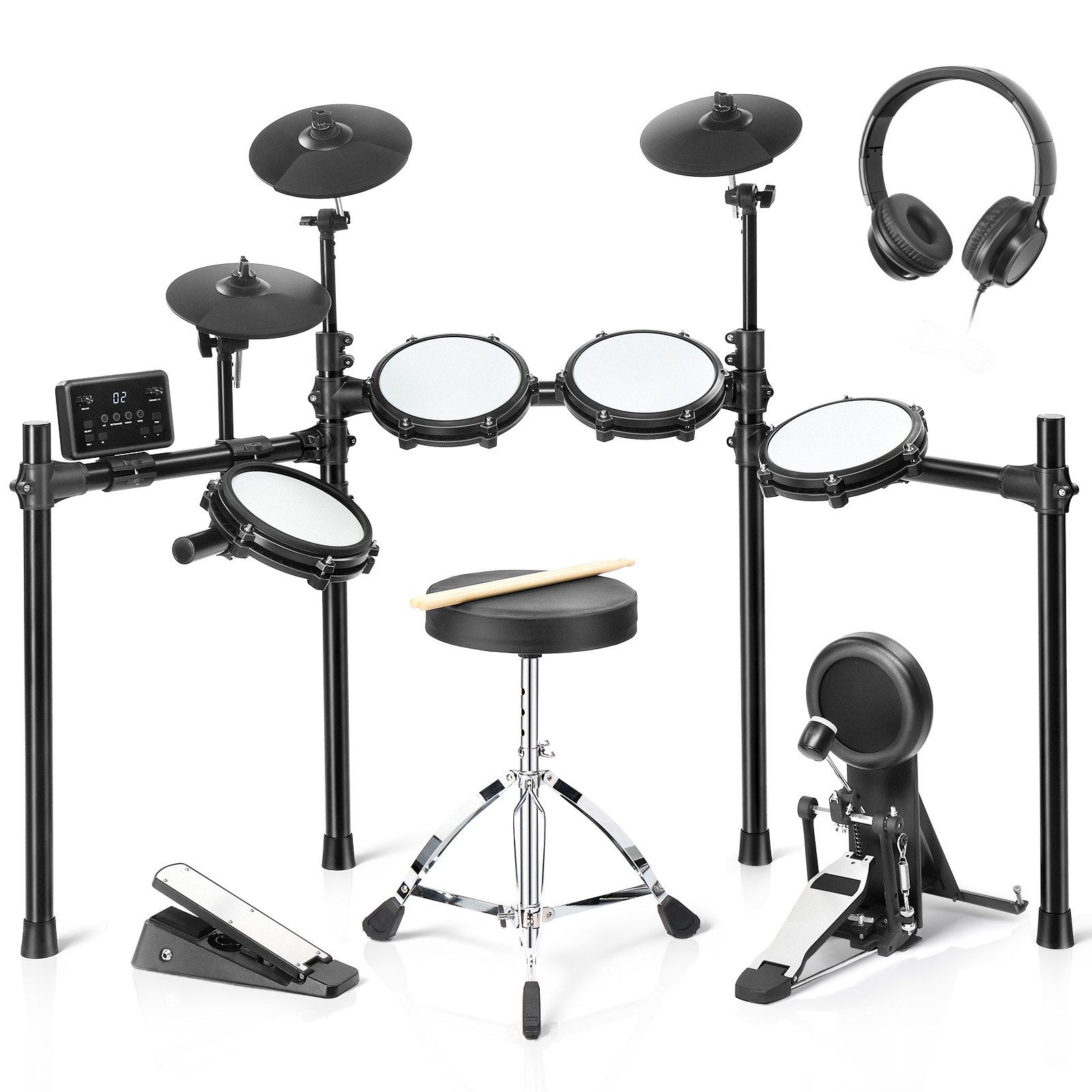 LALAHO E-Drum Upgraded E-Drum-Set Komplettset, Kopfhörer Sticks Drumhocker, Trommelhocker/Drumsticks/Kopfhörer/Audiokabel, Kinder drum set