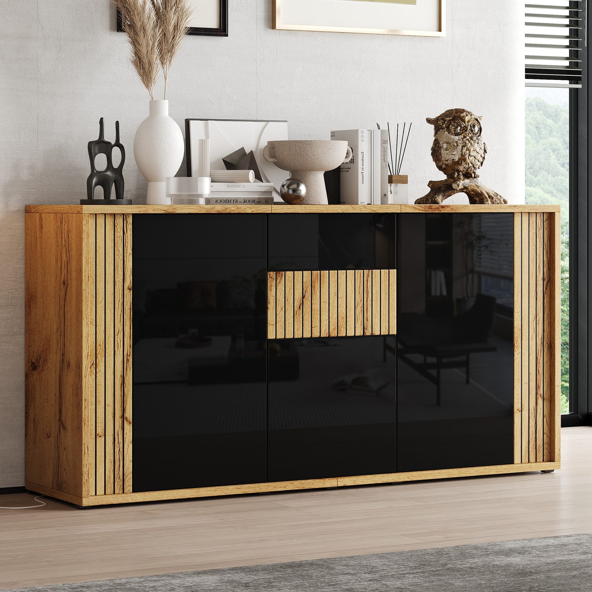 CARPAT SPORT Lowboard TV‑Lowboard 180×40×51cm mit LED‑Beleuchtung für 75 Zoll (Fernsehschrank mit 2 Türen, 1 Schublade und offenen Fächern), Modernes TV‑Board in Weiß‑Holz und Schwarz für Wohnzimmer
