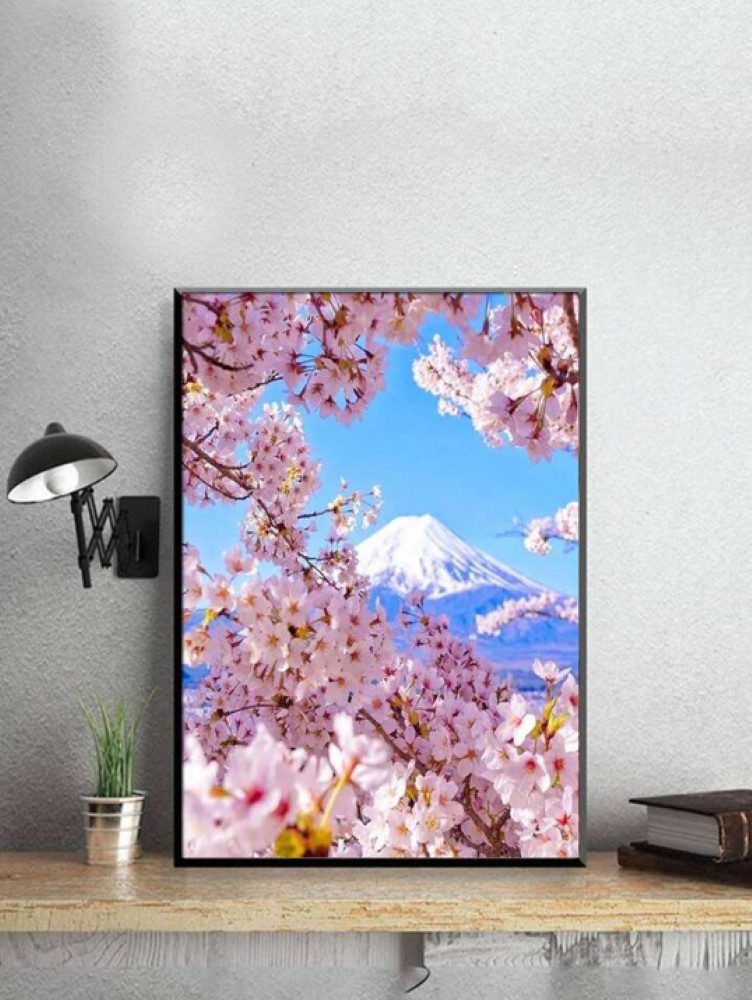 LA CUTE Malen nach Zahlen Diamant Malerei Kirschblüten mit Berg 30x40cm - DIY Malen nach Zahlen (5d Diamond Painting DIY Set, 5d Diamond Painting Komplett Set), Kreativität fördern, Stress abbauen, einzigartige Dekoration