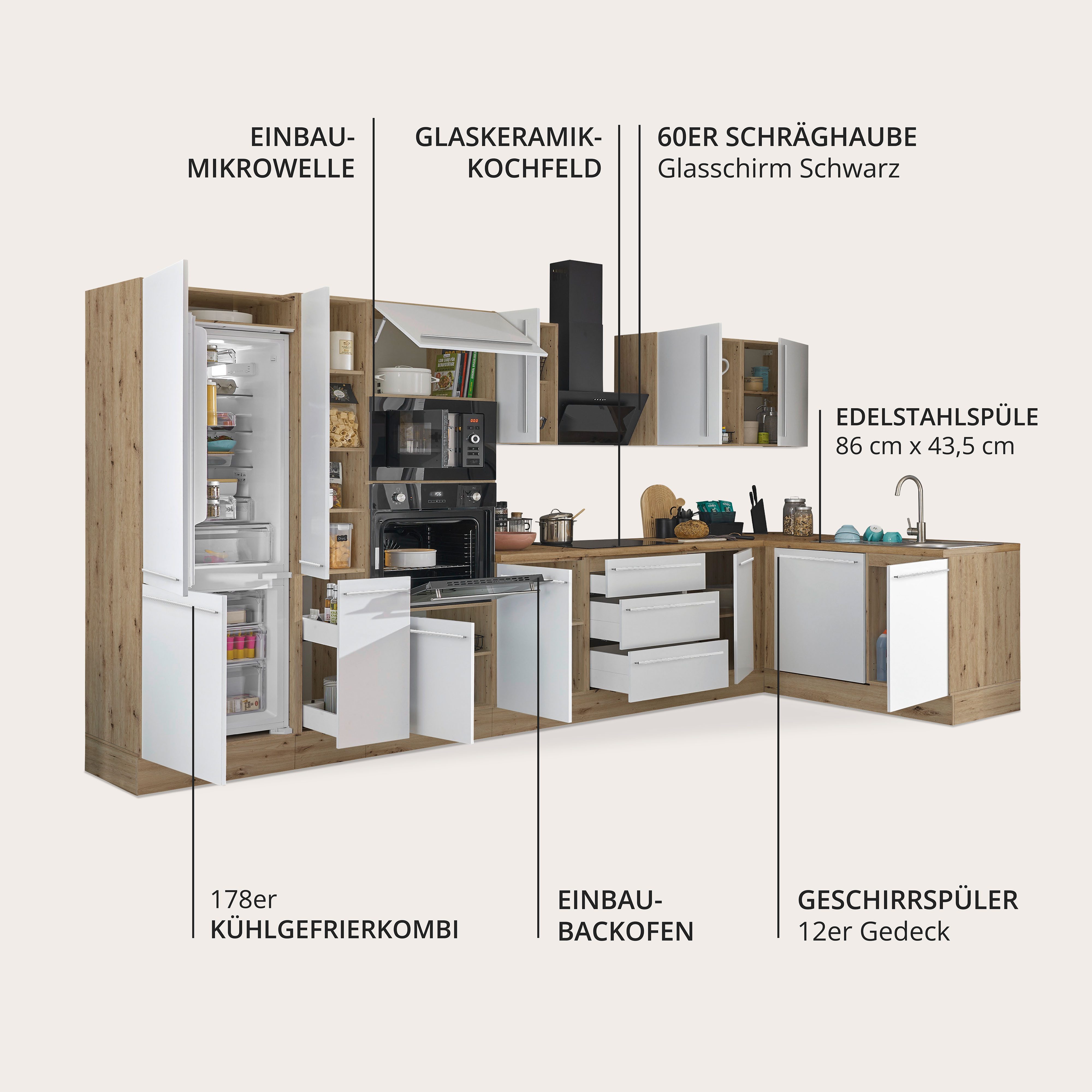 KOCHSTATION Winkelküche Florida, Stellbreite 370x175 cm, wahlweise mit E-Geräten, mit Softclose für Türen und Schubkästen